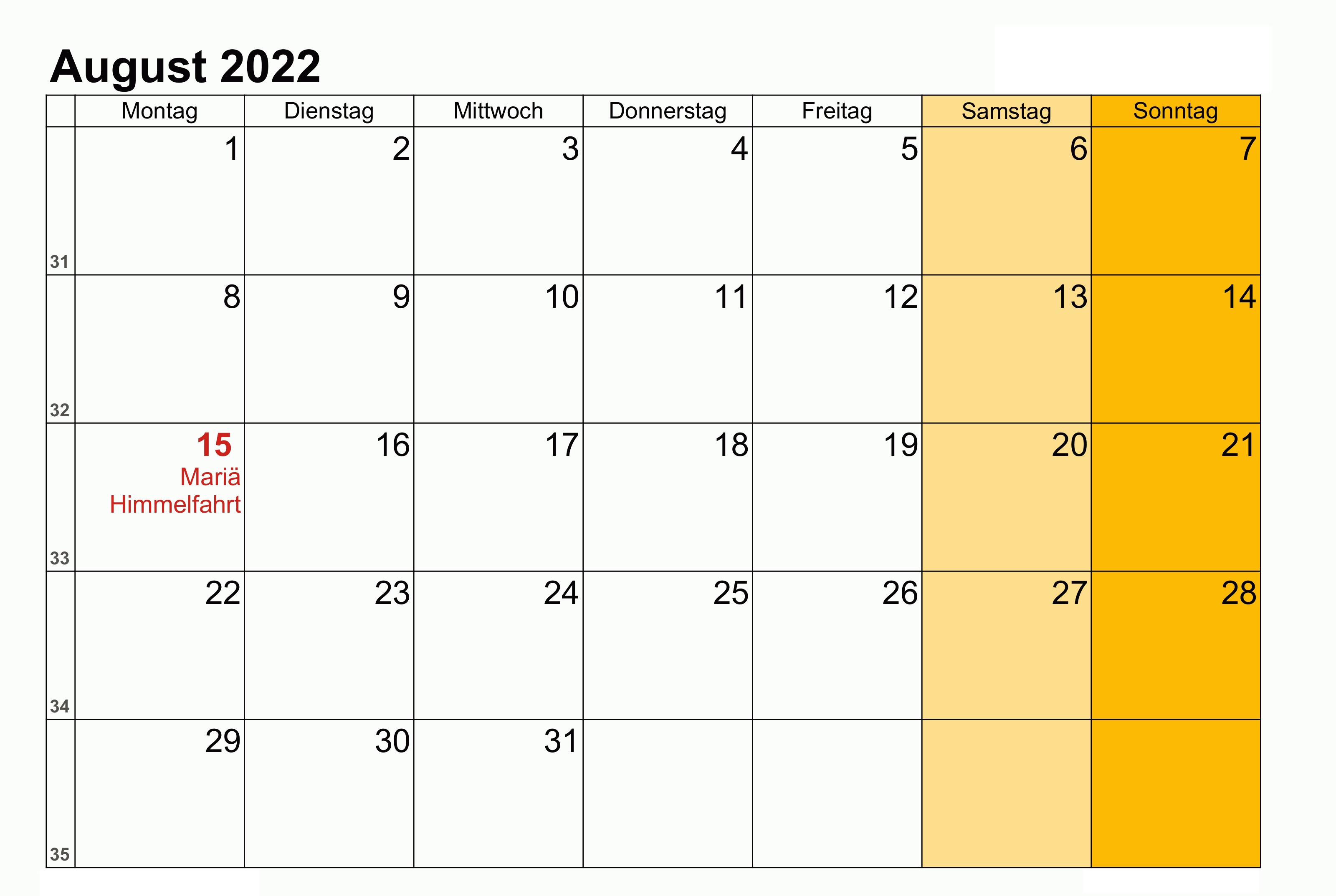 Kalender August 2022 Mit Feiertagen Tabelle