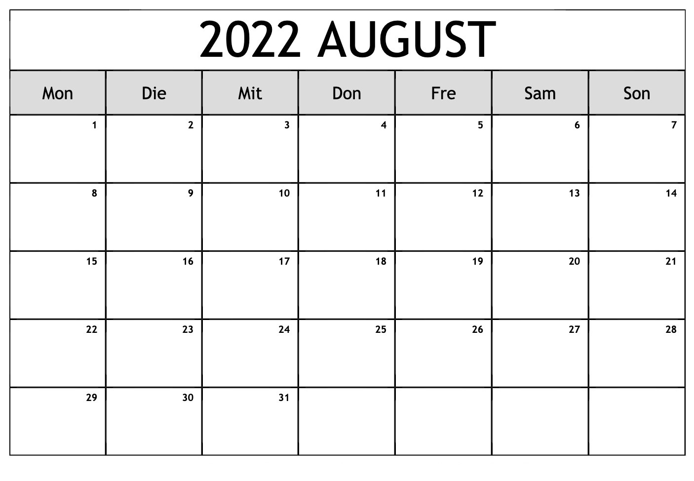 Kalender August 2022 Mit Feiertagen