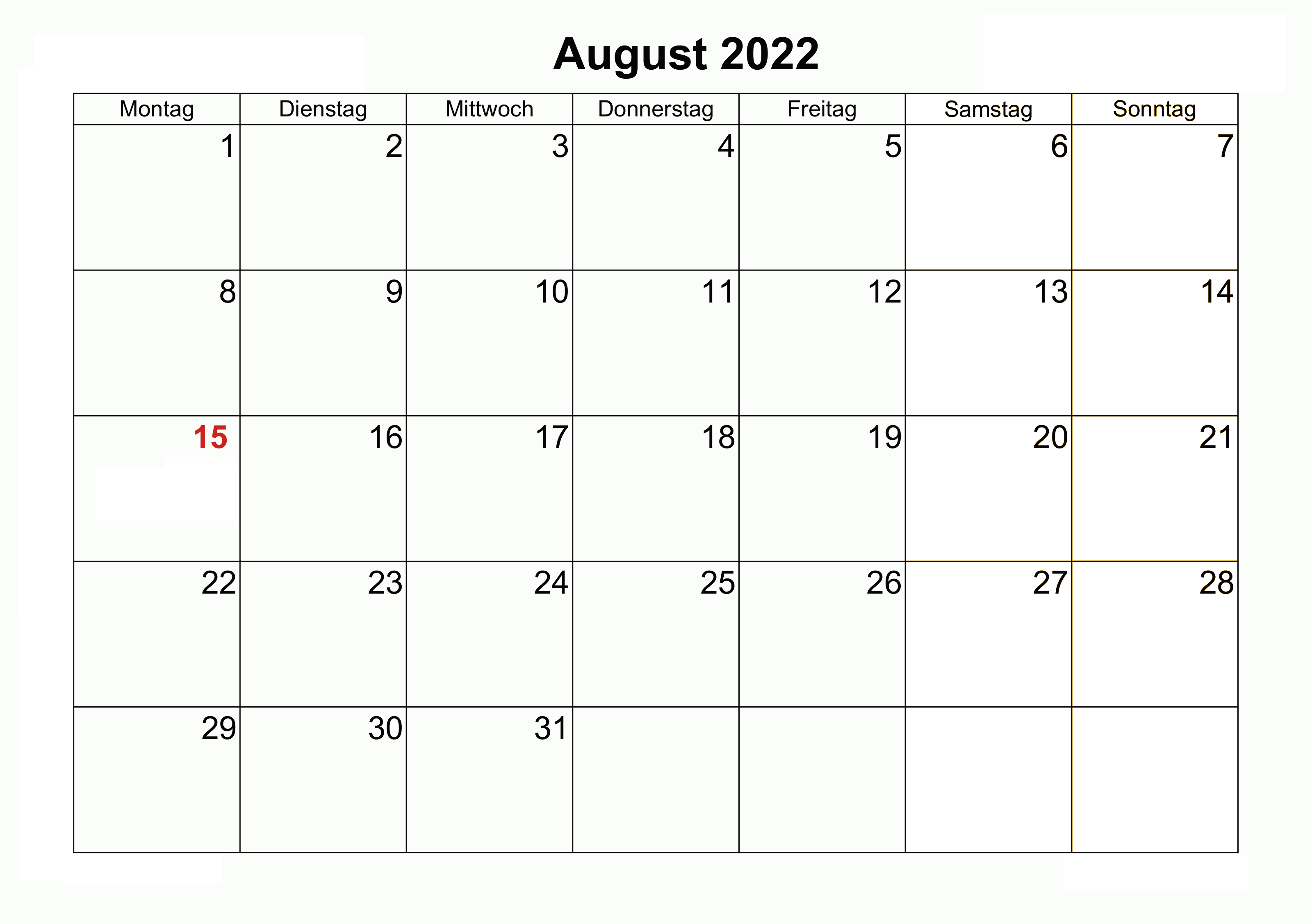 Kalender August Zum Ausdrucken 2022