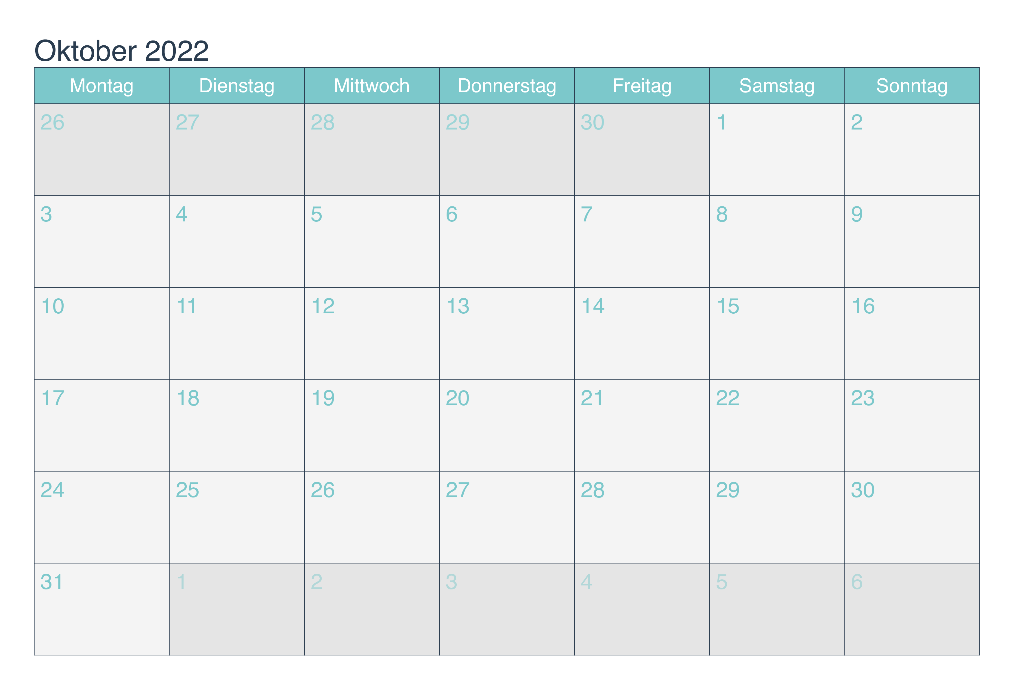 Kalender Oktober 2022 Tabelle