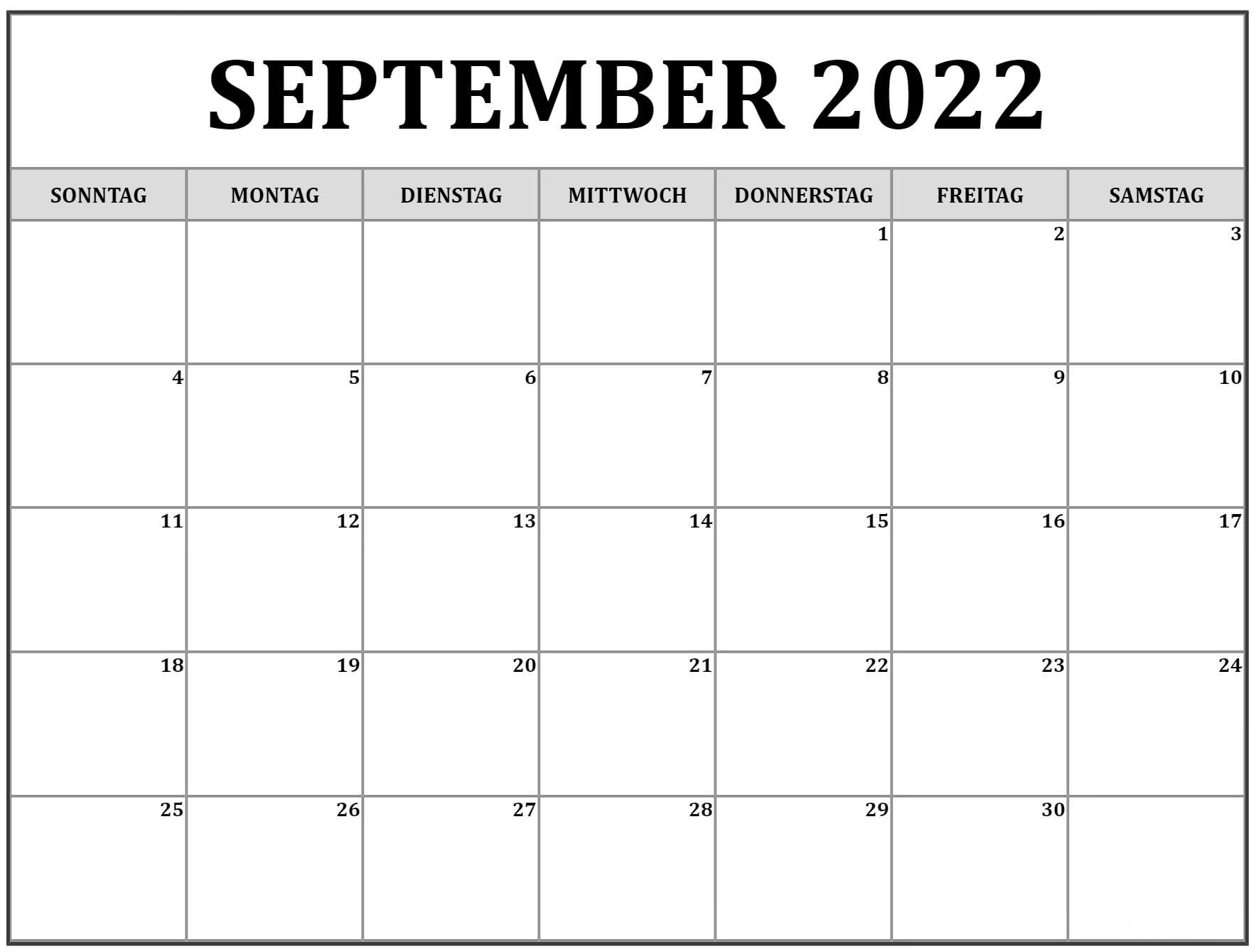 Kalender September 2022 Tabelle