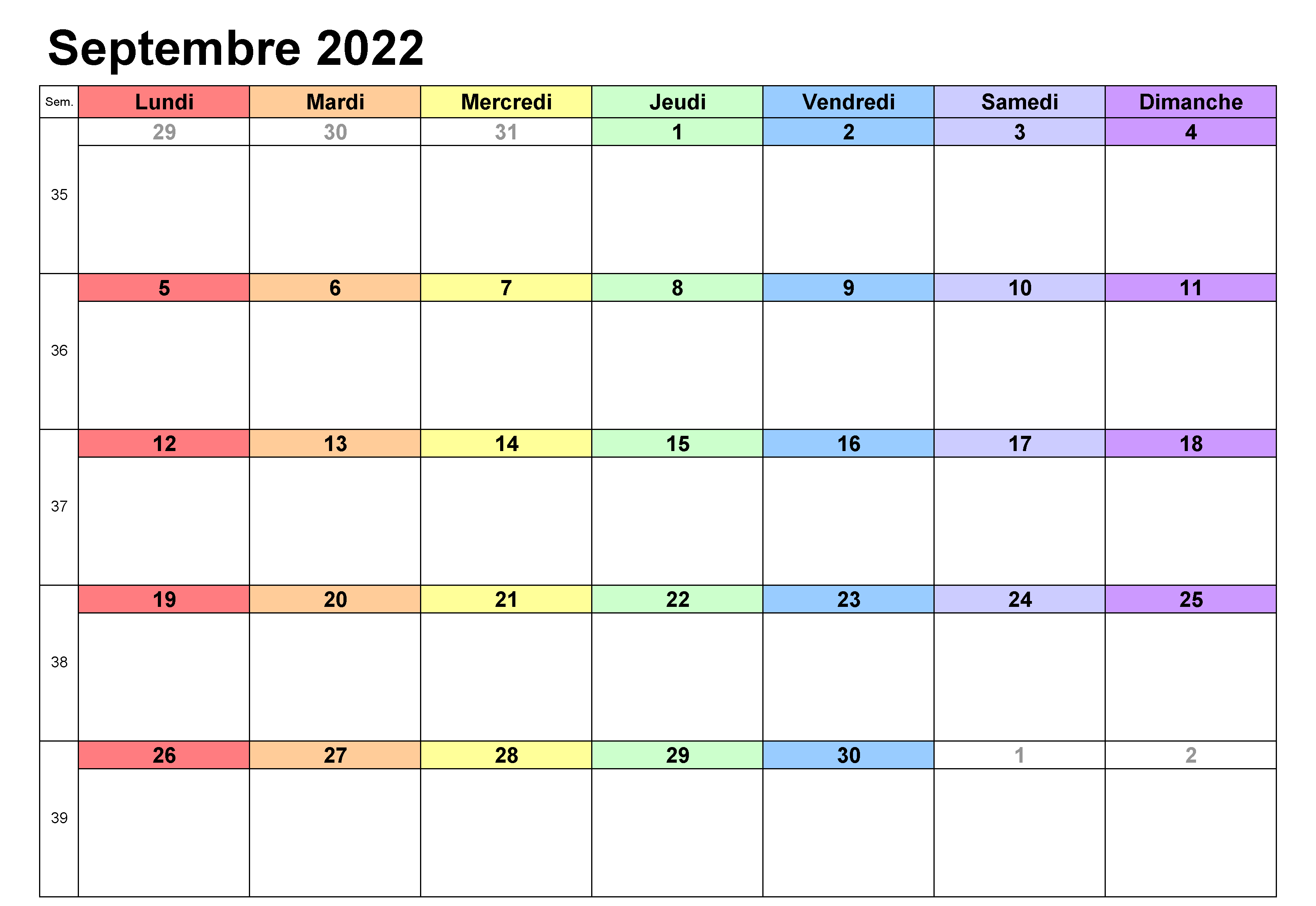 Septembre 2022 Calendrier