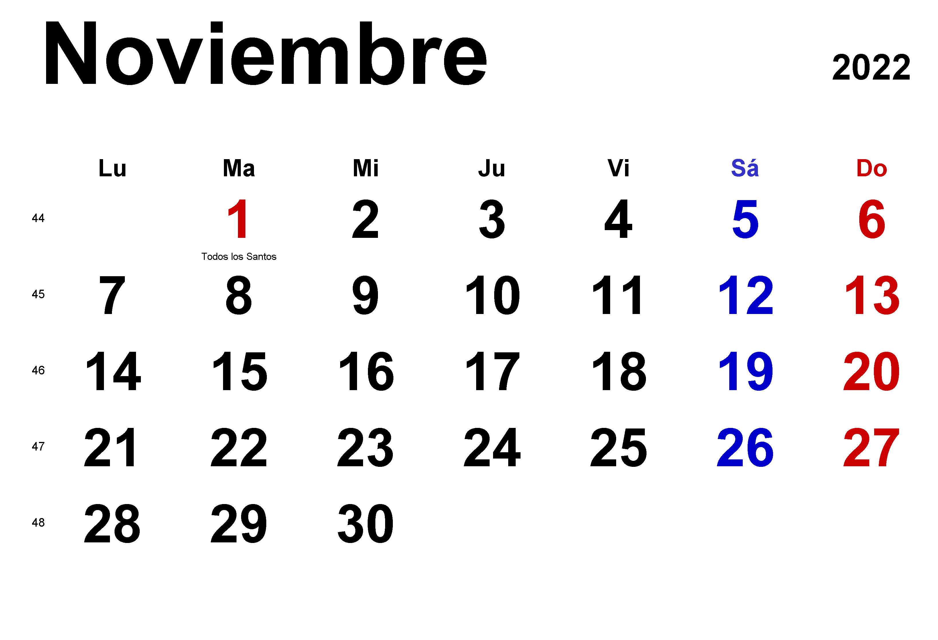 2022 Calendario Noviembre Con Festivos
