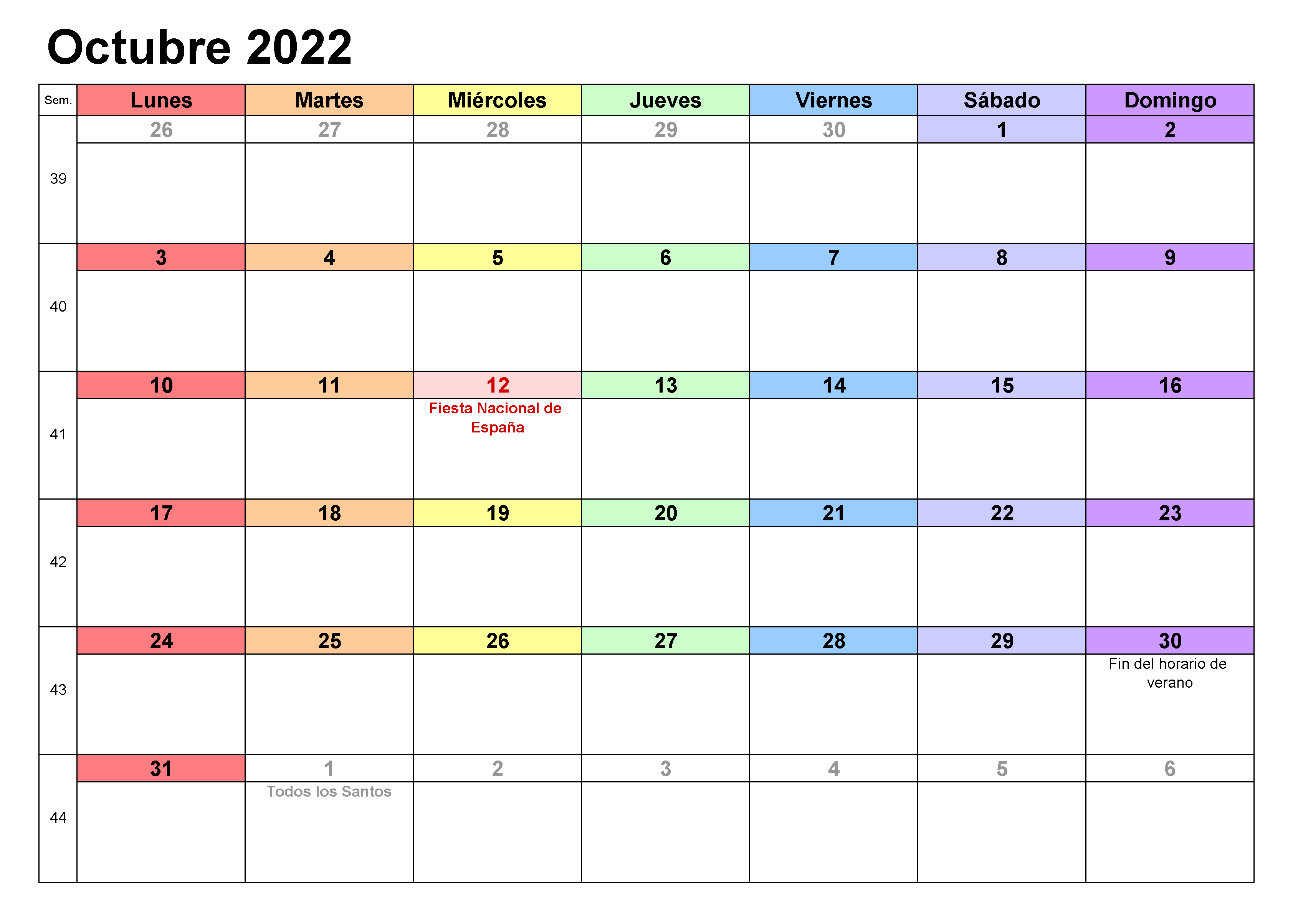2022 Calendario Octubre Con Festivos