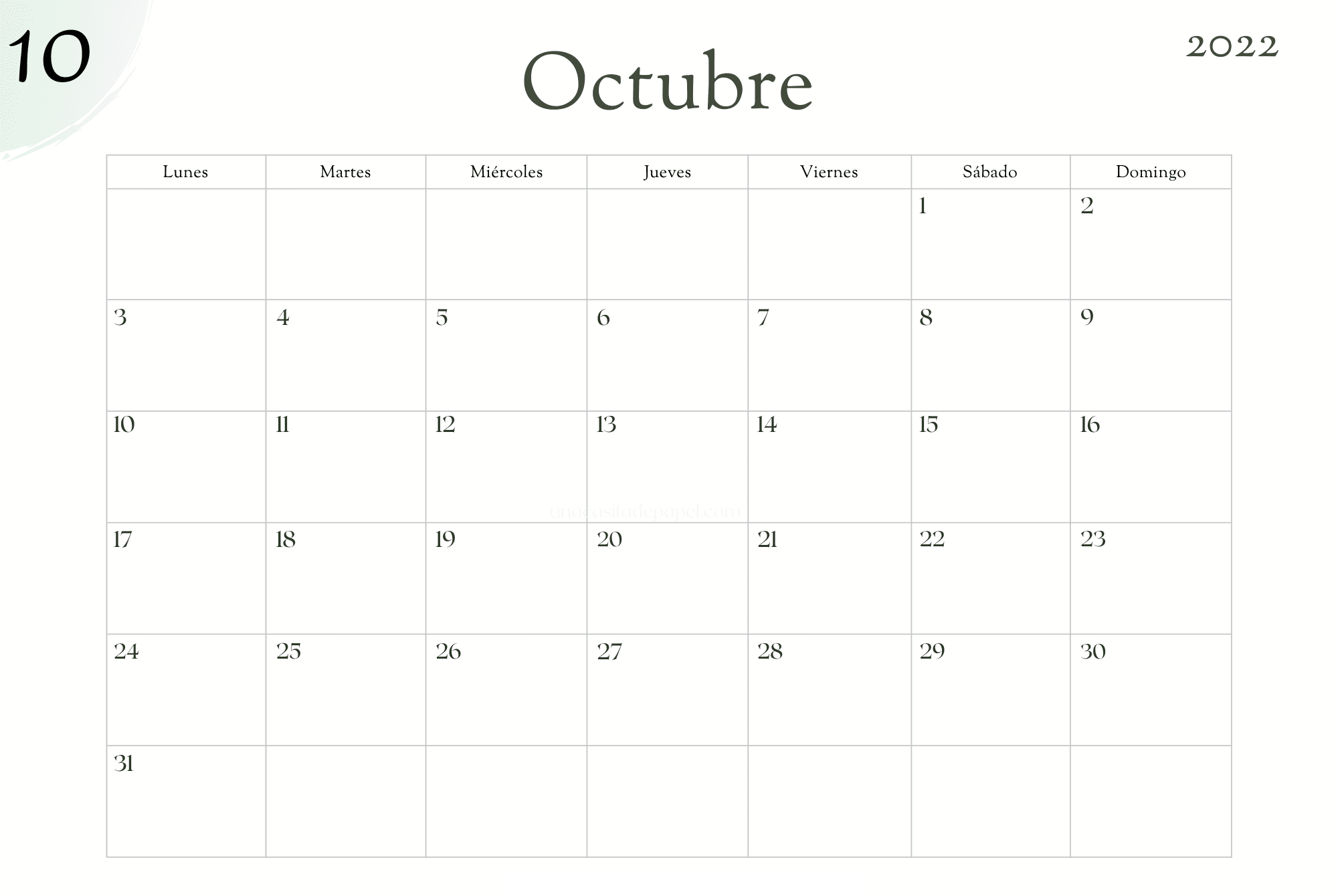 2022 Calendario Octubre Para Imprimir
