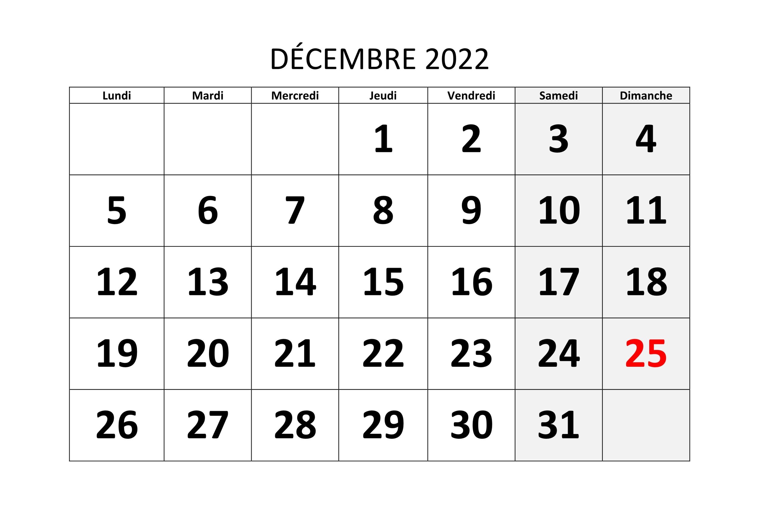 2022 Calendrier Décembre