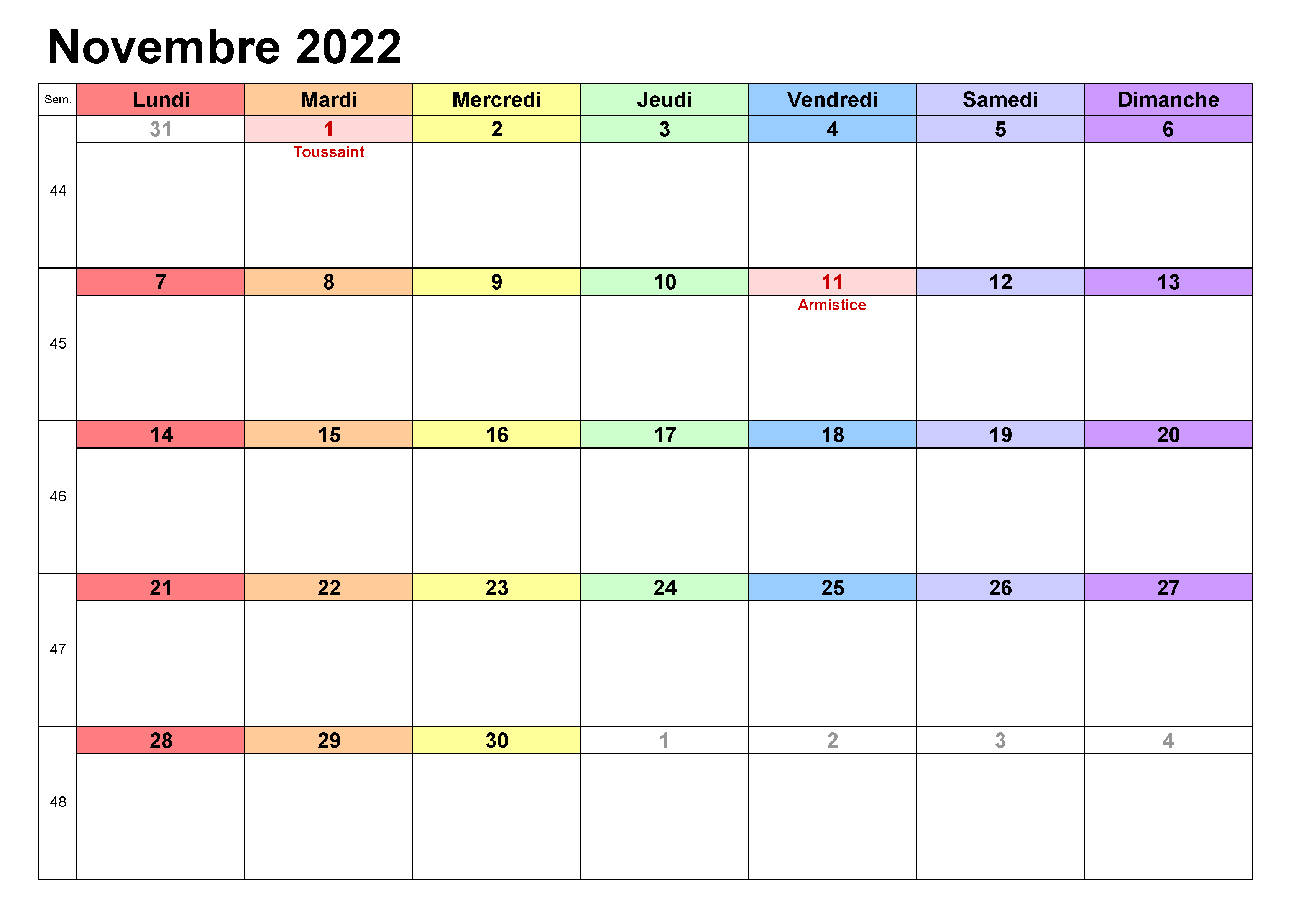 2022 Calendrier Novembre