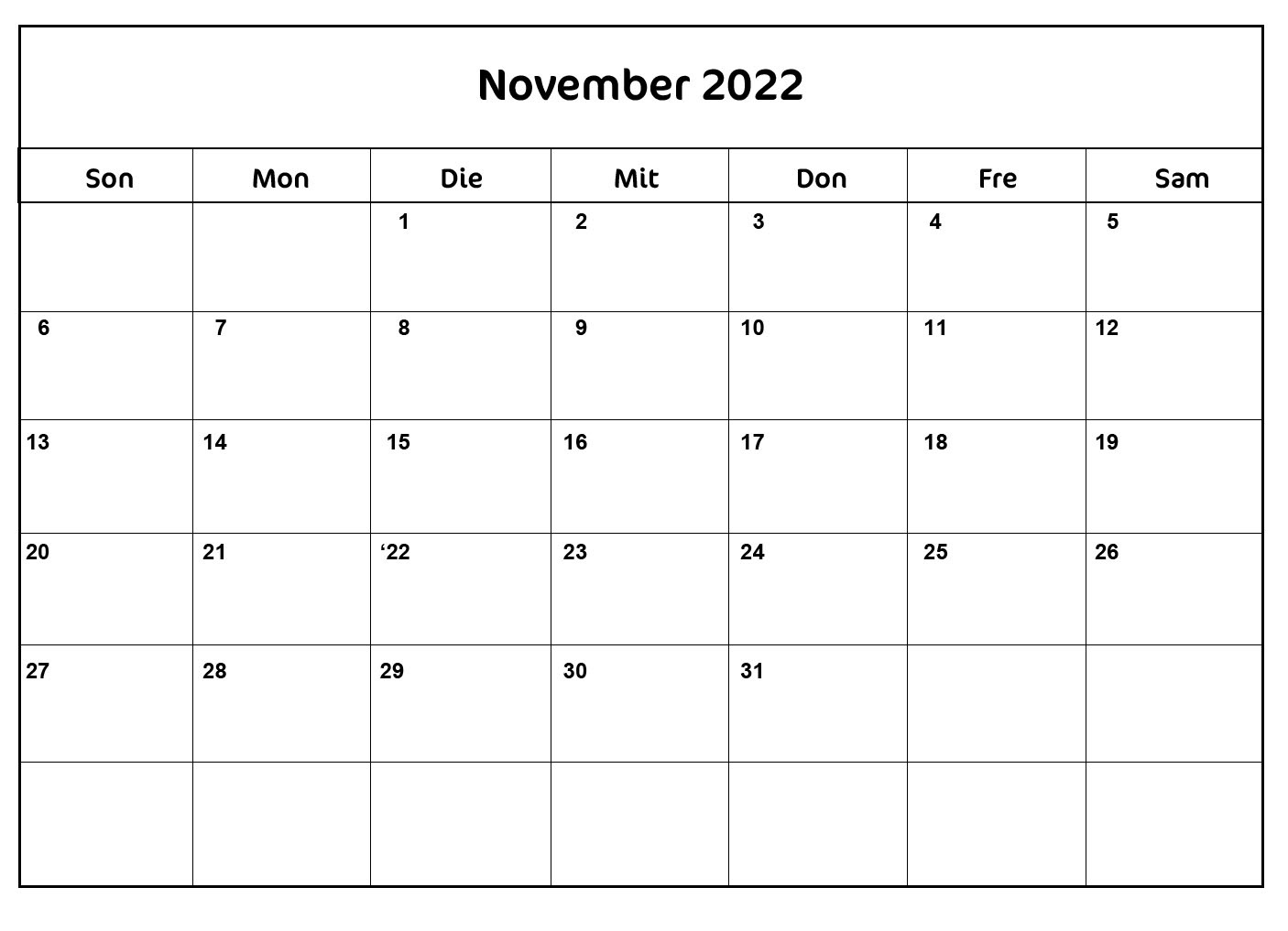 2022 Kalender November Mit Feiertagen