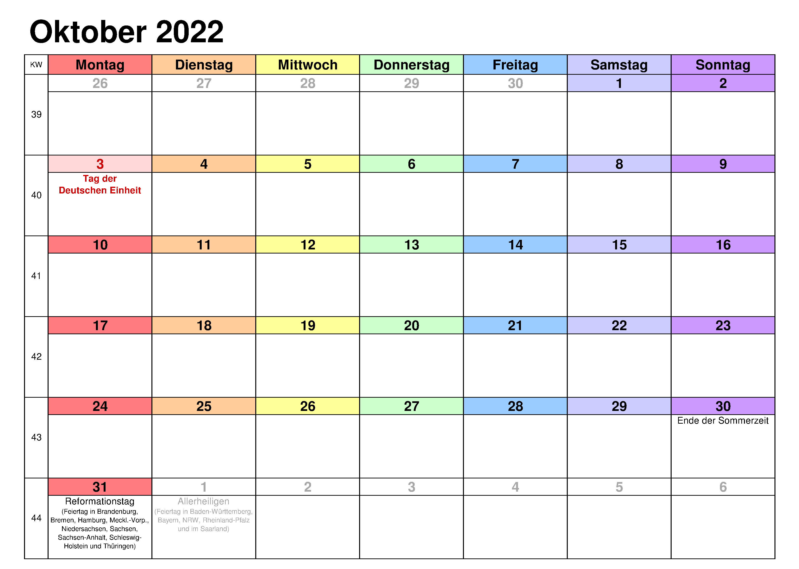 2022 Kalender Oktober Mit Feiertagen