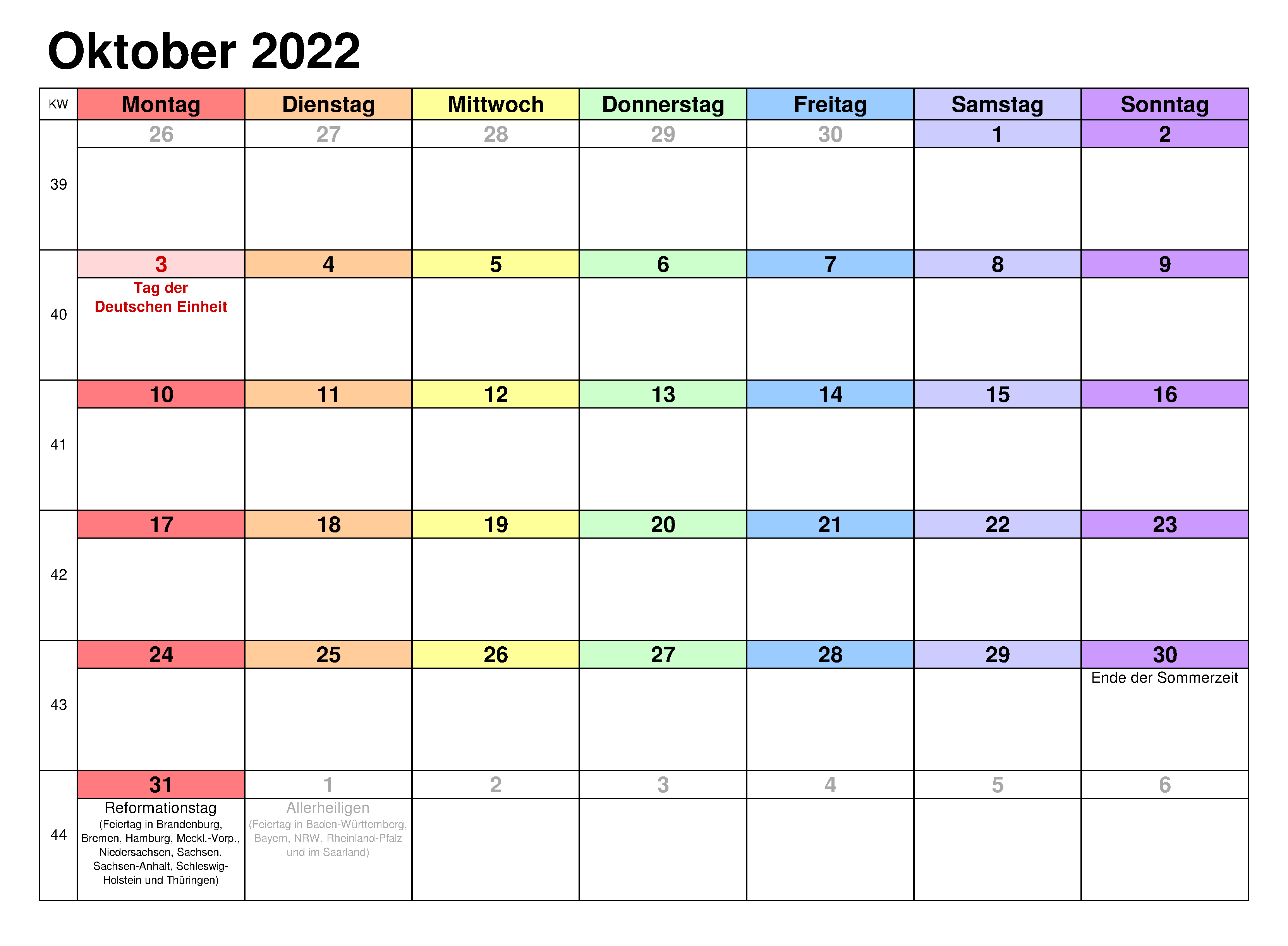 2022 Kalender Oktober Zum Ausdrucken