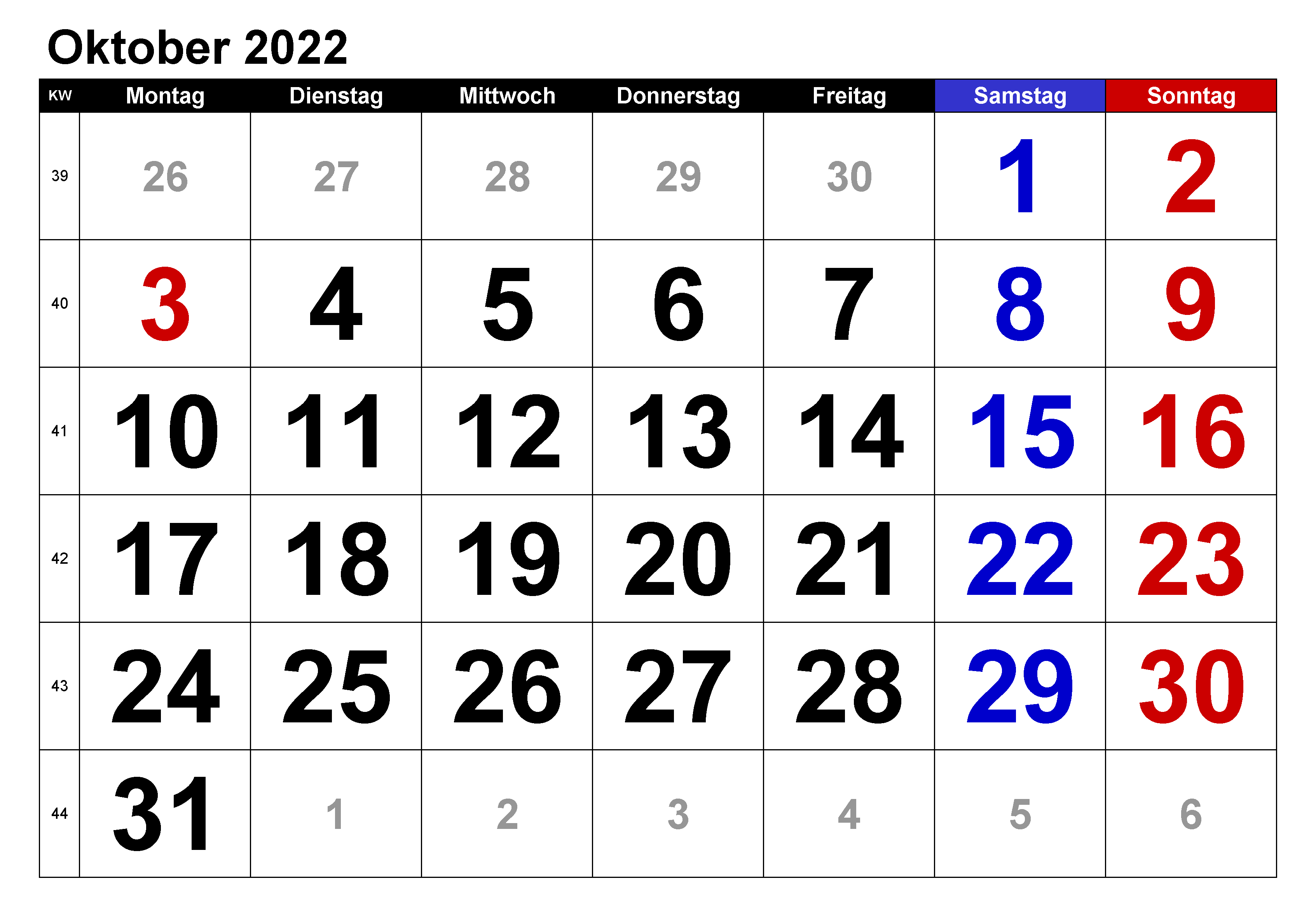 2022 Kalender Oktober