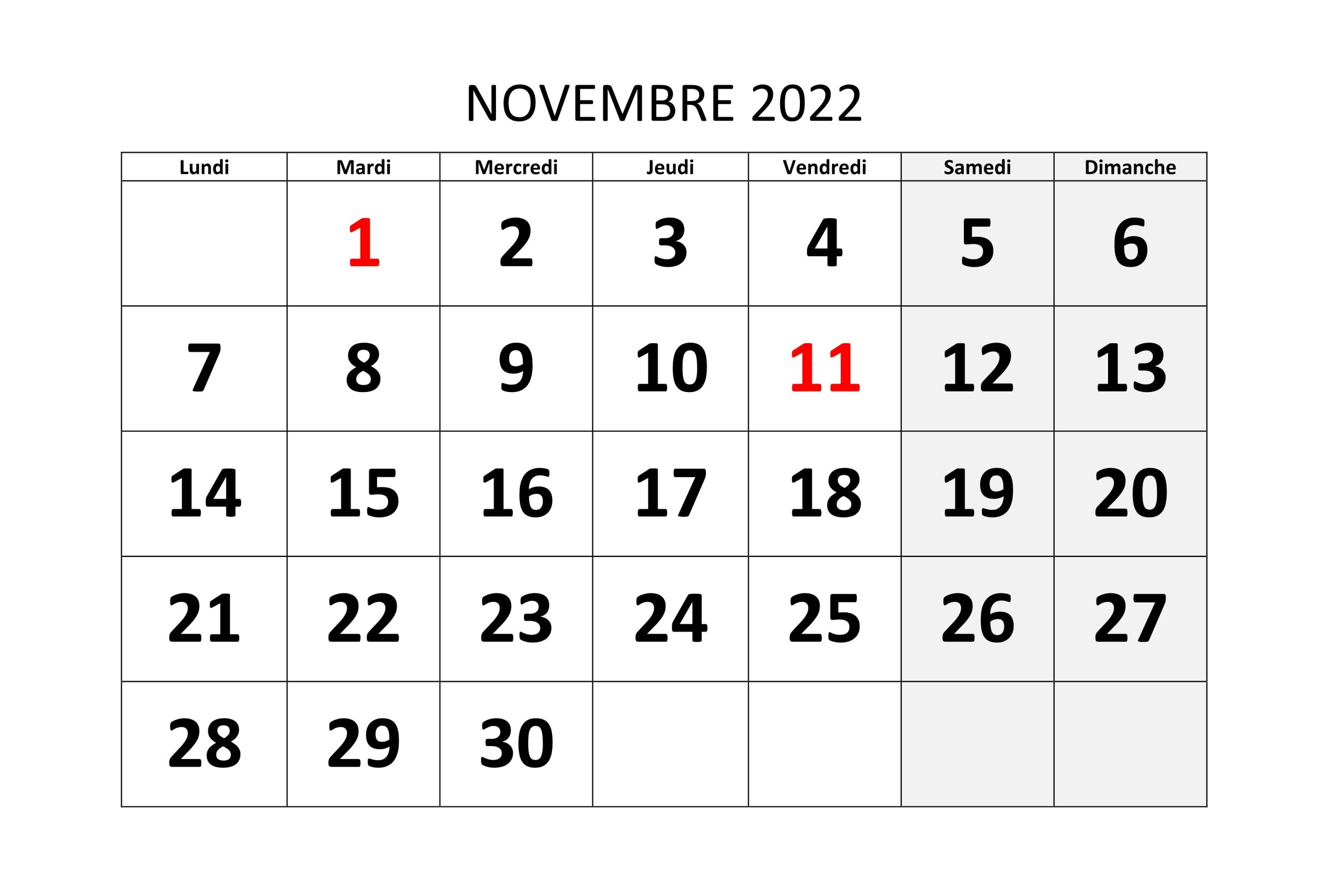 2022 Novembre Calendrier