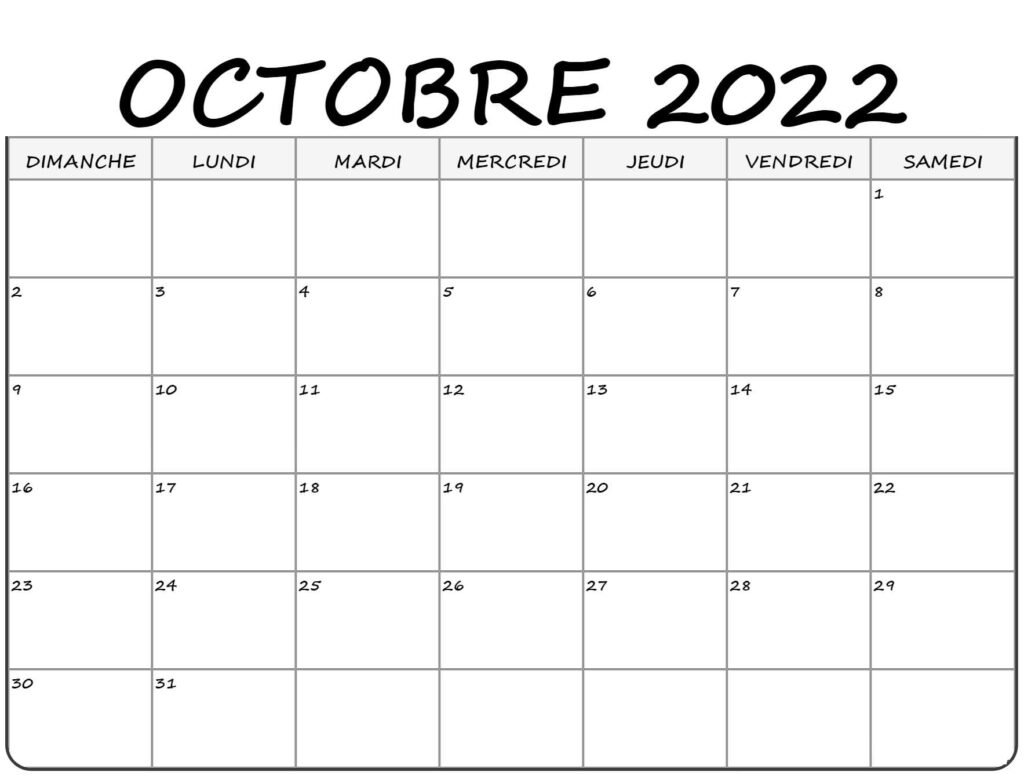 2022 Octobre Calendrier
