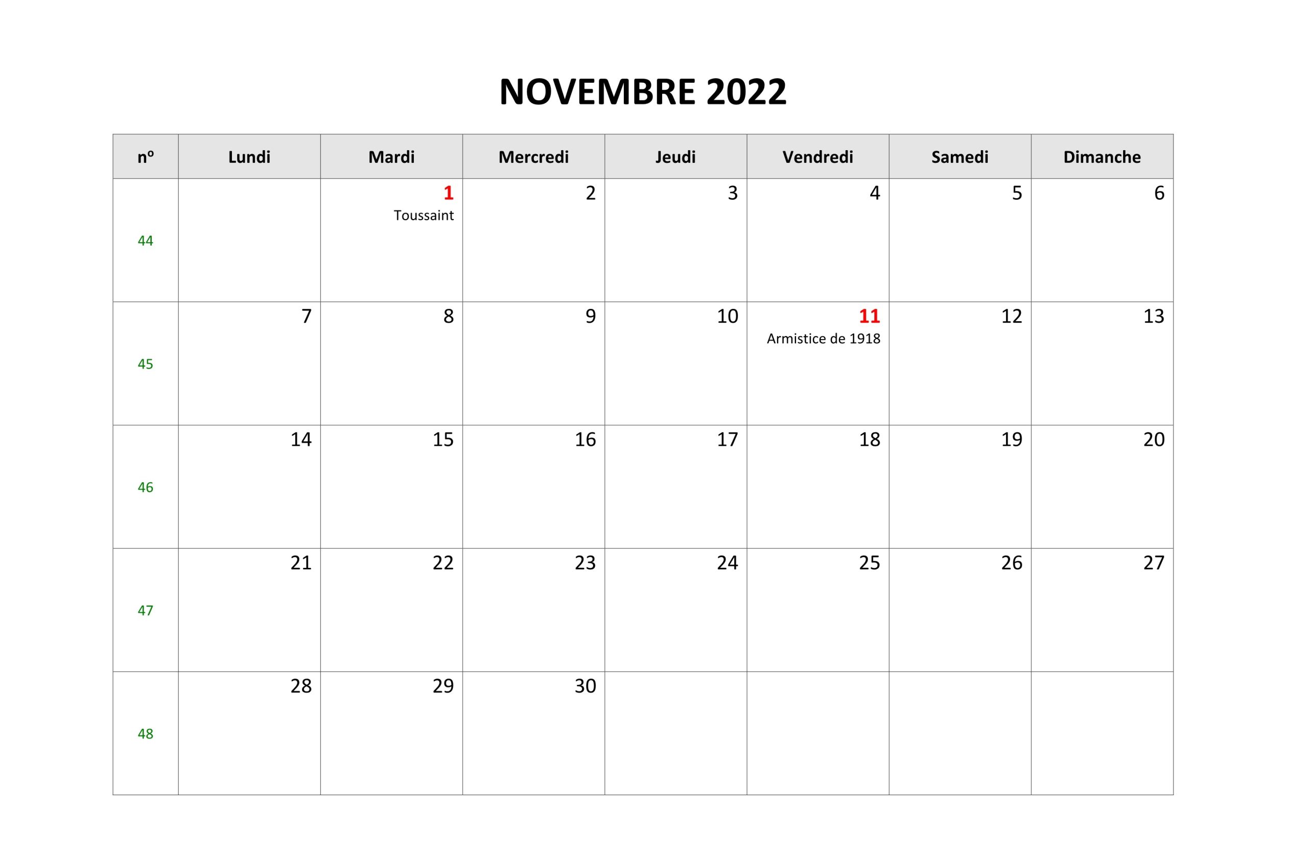 Blanc Calendrier Novembre 2022 PDF