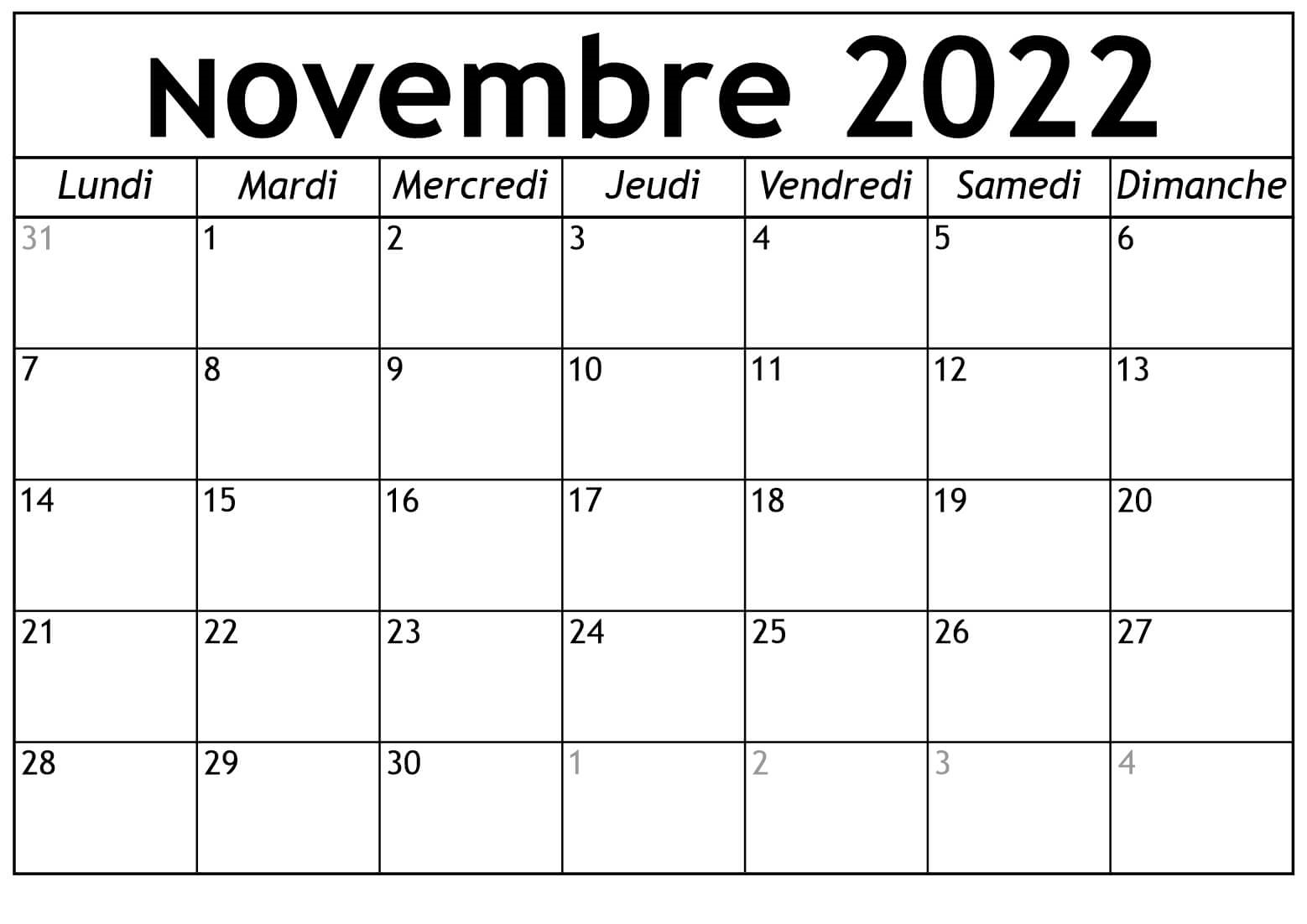 Blanc Novembre Calendrier 2022