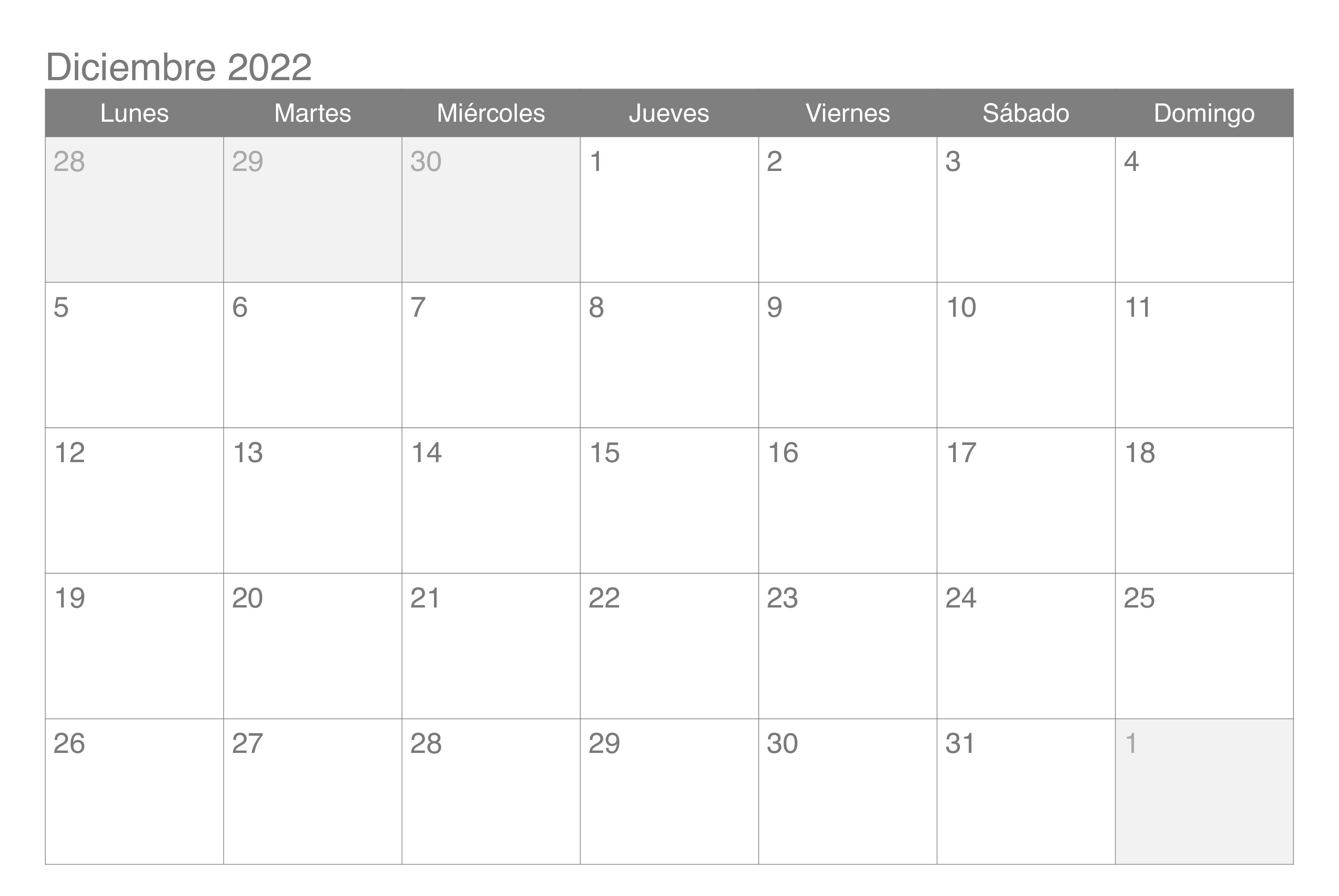 Calendario 2022 Diciembre