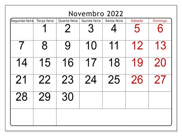 Calendário 2022 Novembro Para Imprimir