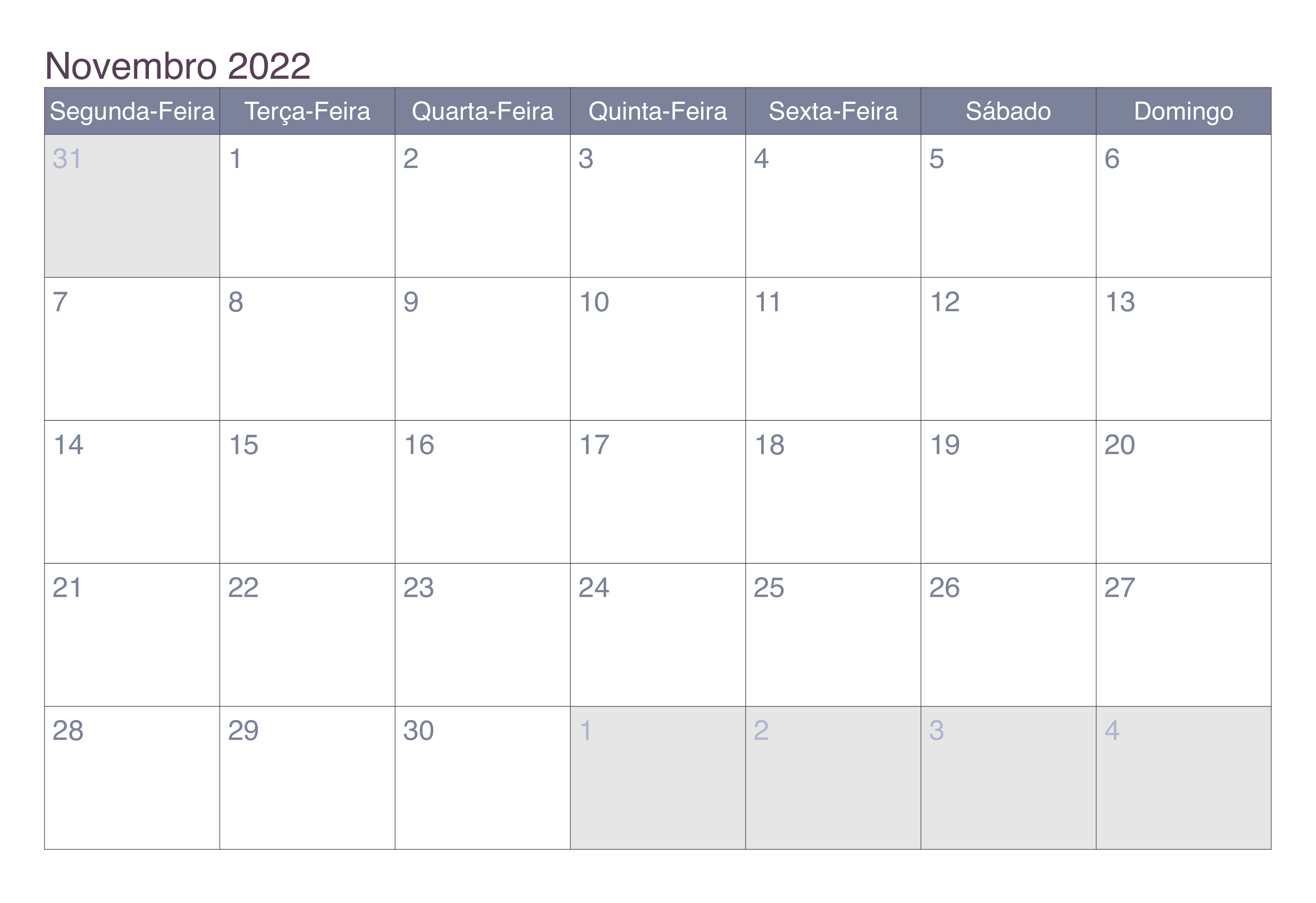 Calendário 2022 Novembro