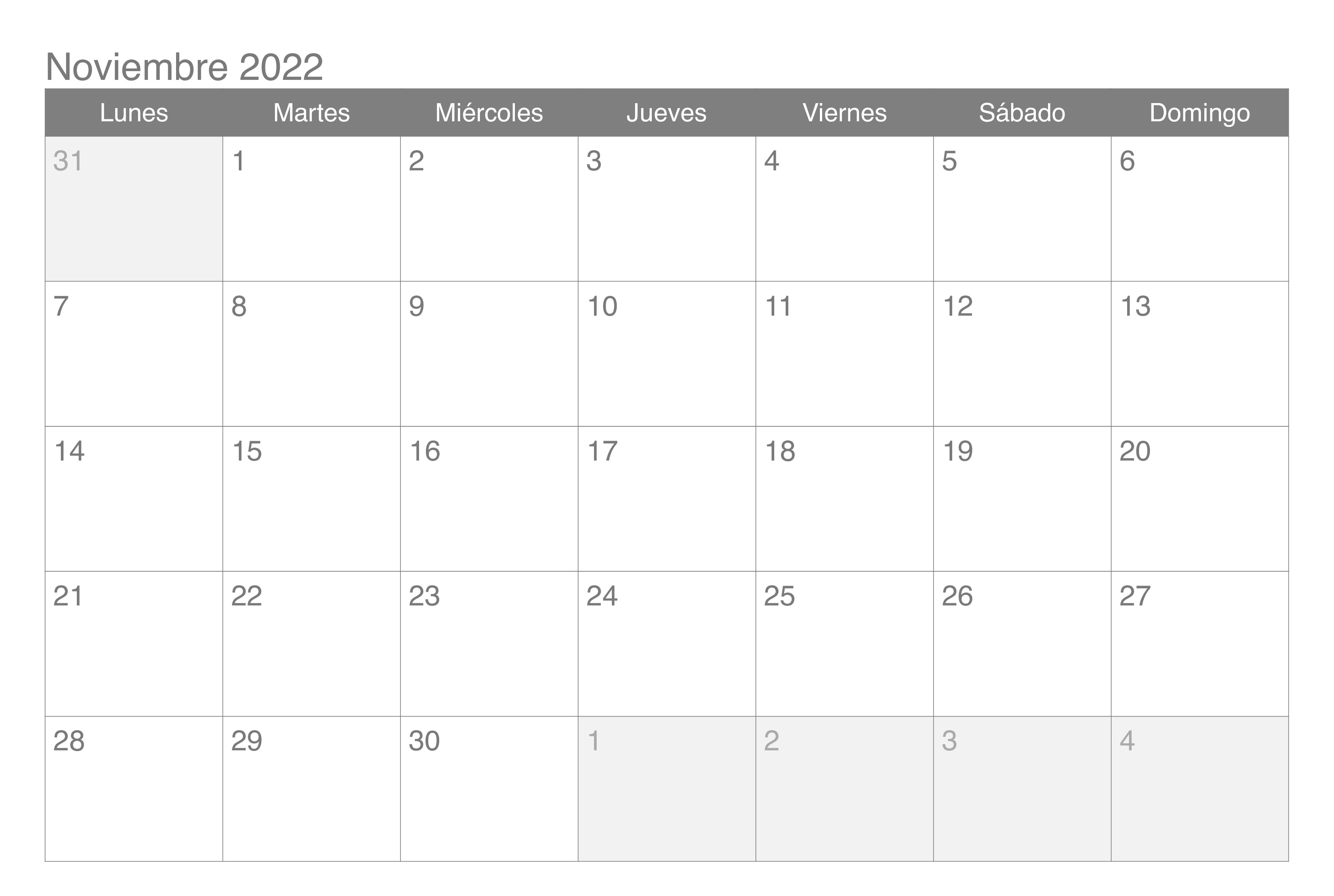 Calendario 2022 Noviembre Chile