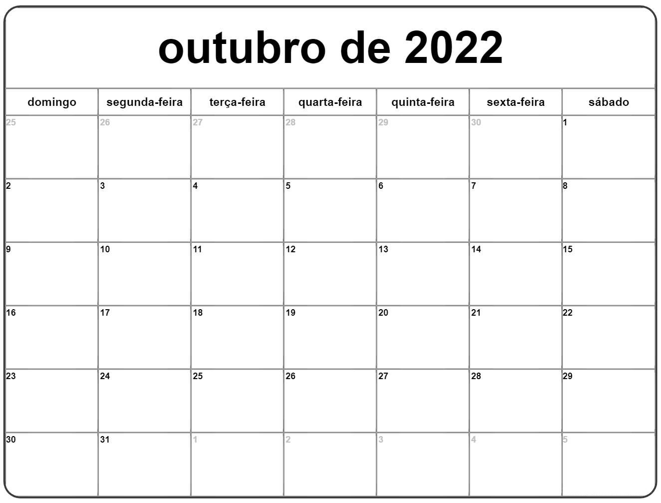 Calendário 2022 Outubro Imprimível