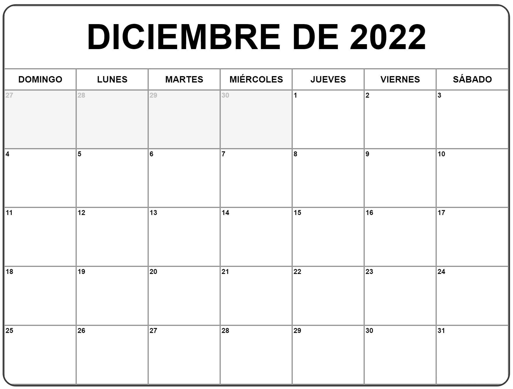 Calendario Diciembre 2022 Gratis