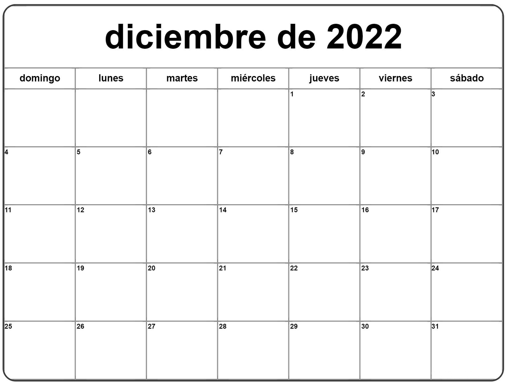 Calendario Diciembre 2022 Vacaciones