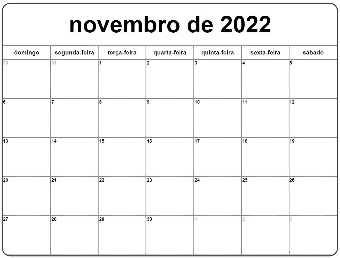 Calendário Novembro 2022 Imprimível