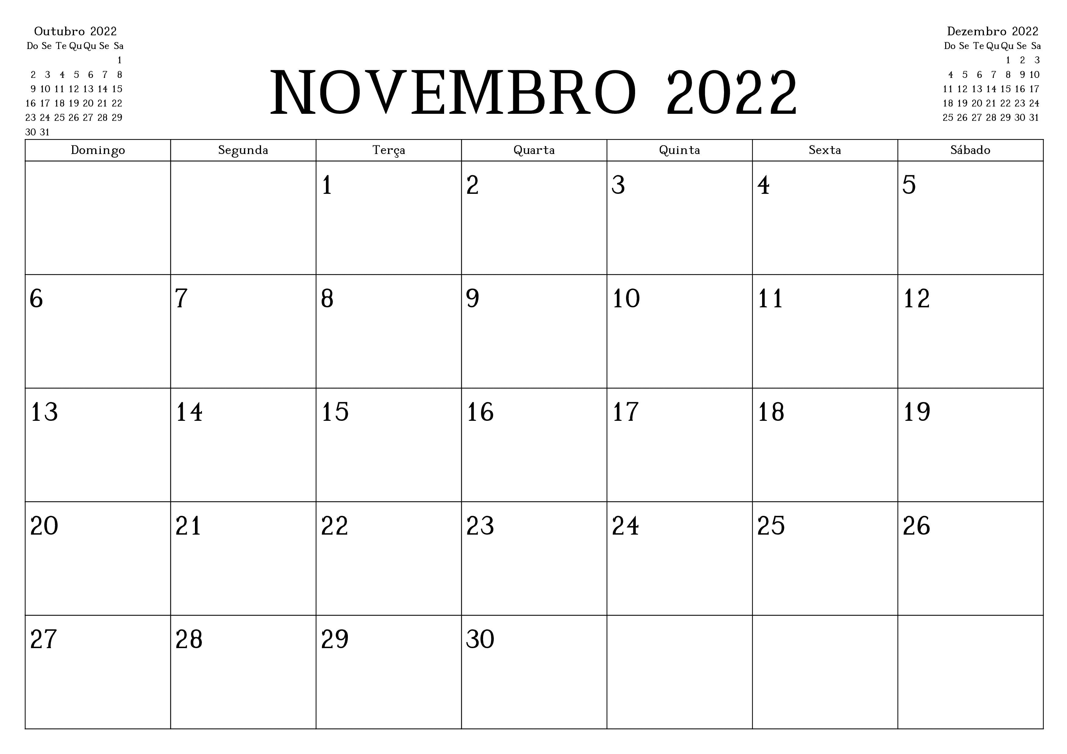 Calendário Novembro 2022 Para Imprimir