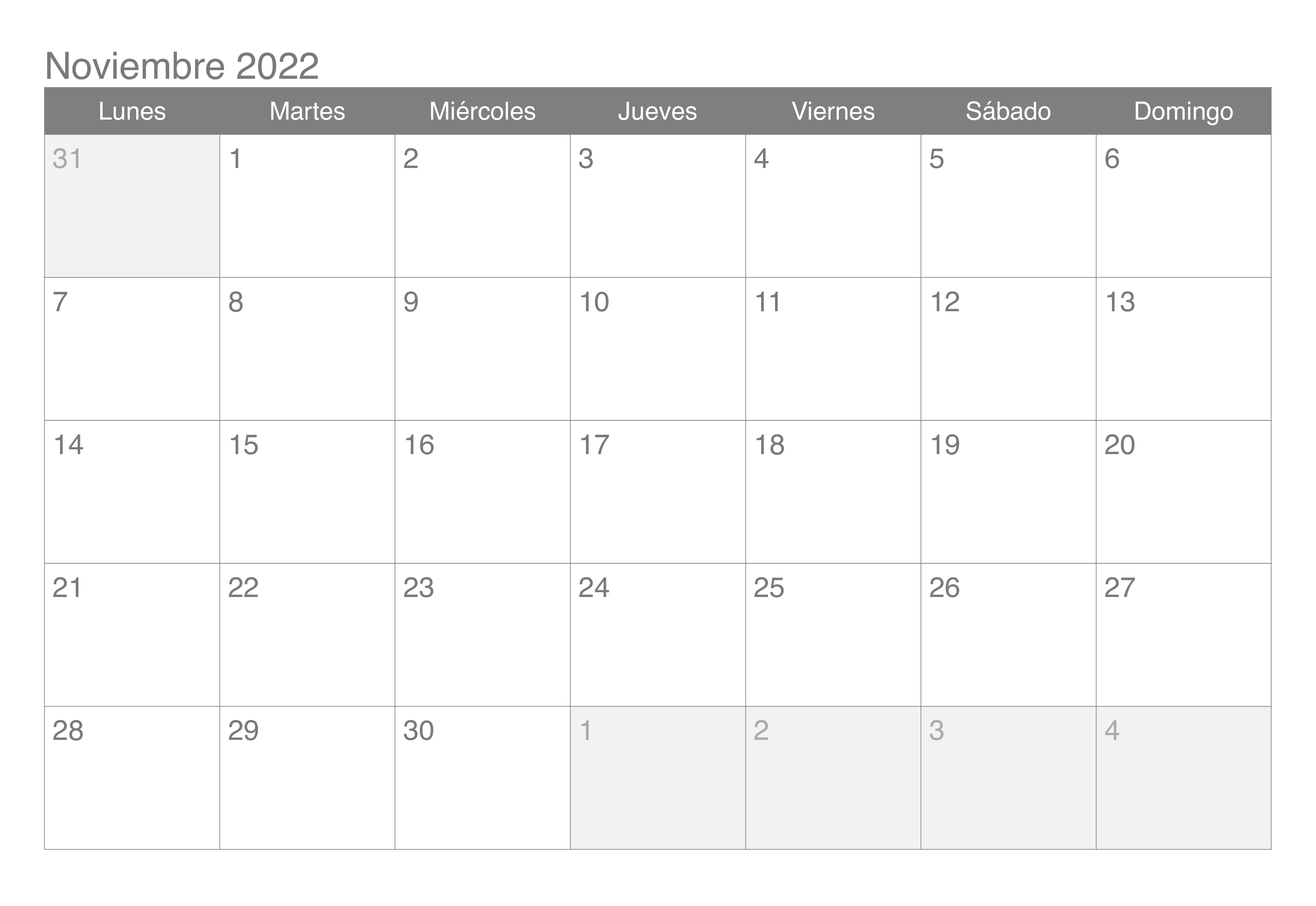 Calendario Noviembre 2022 Mensual