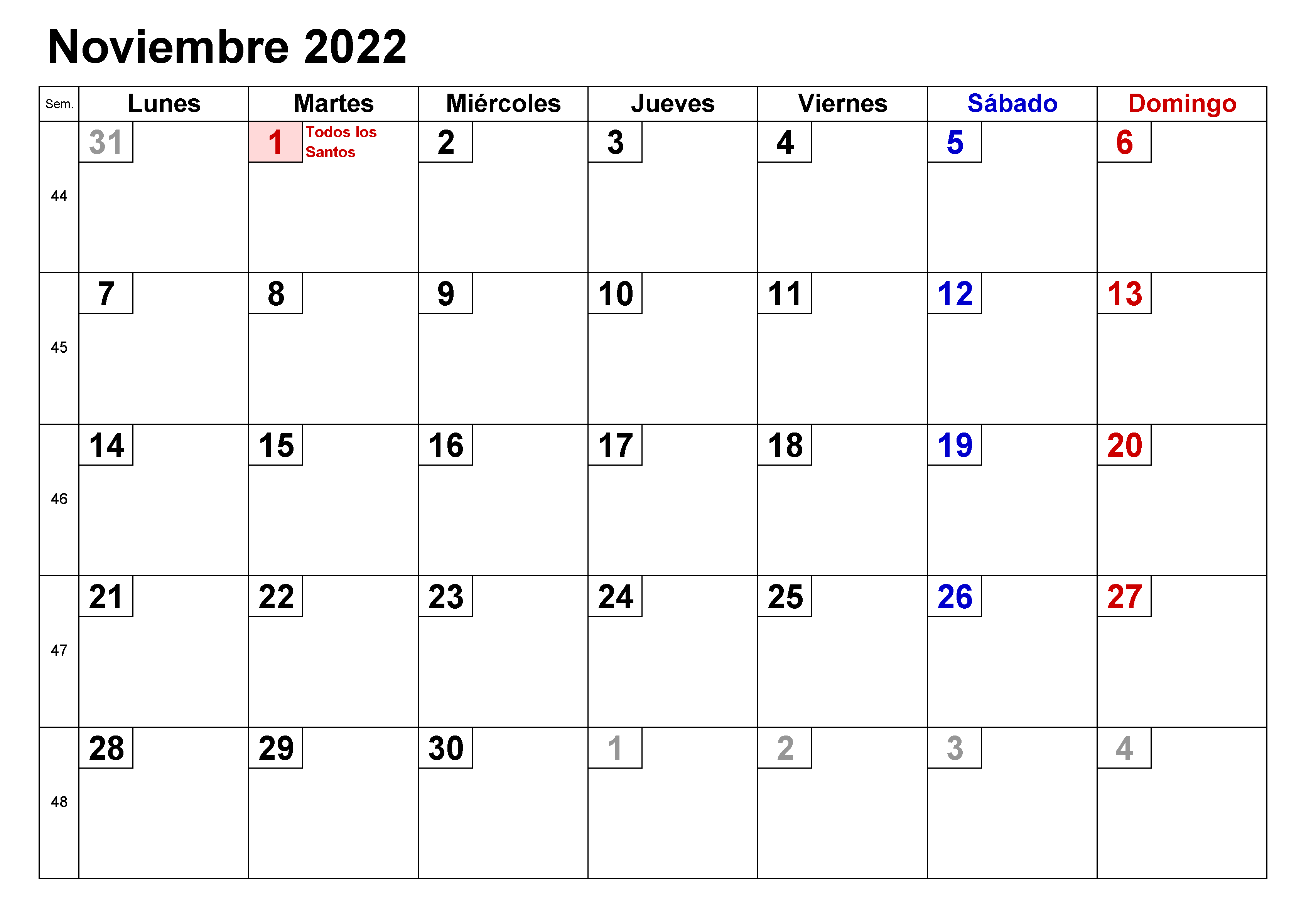 Calendario Noviembre 2022 Vacaciones