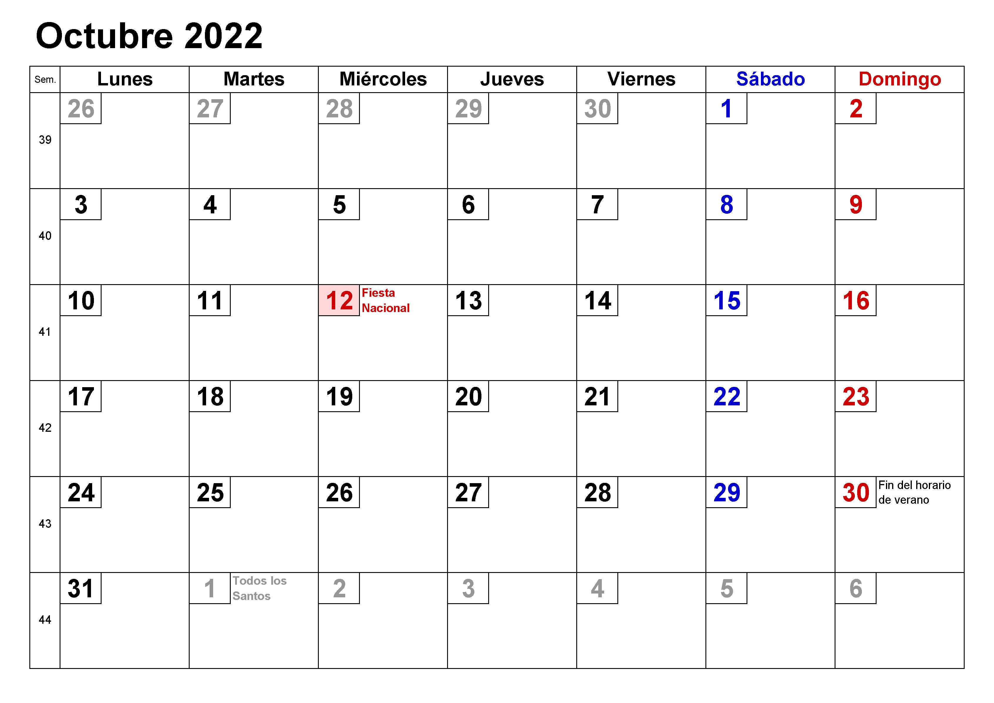 Calendario Octubre 2022 Con Festivos Gratis