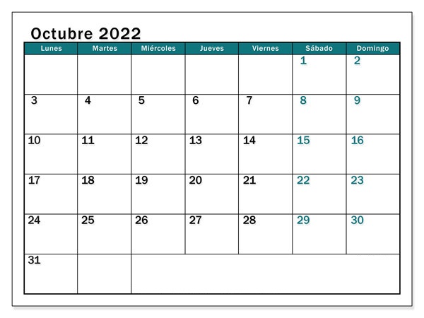 Calendario Octubre 2022 Con Festivos Mensual