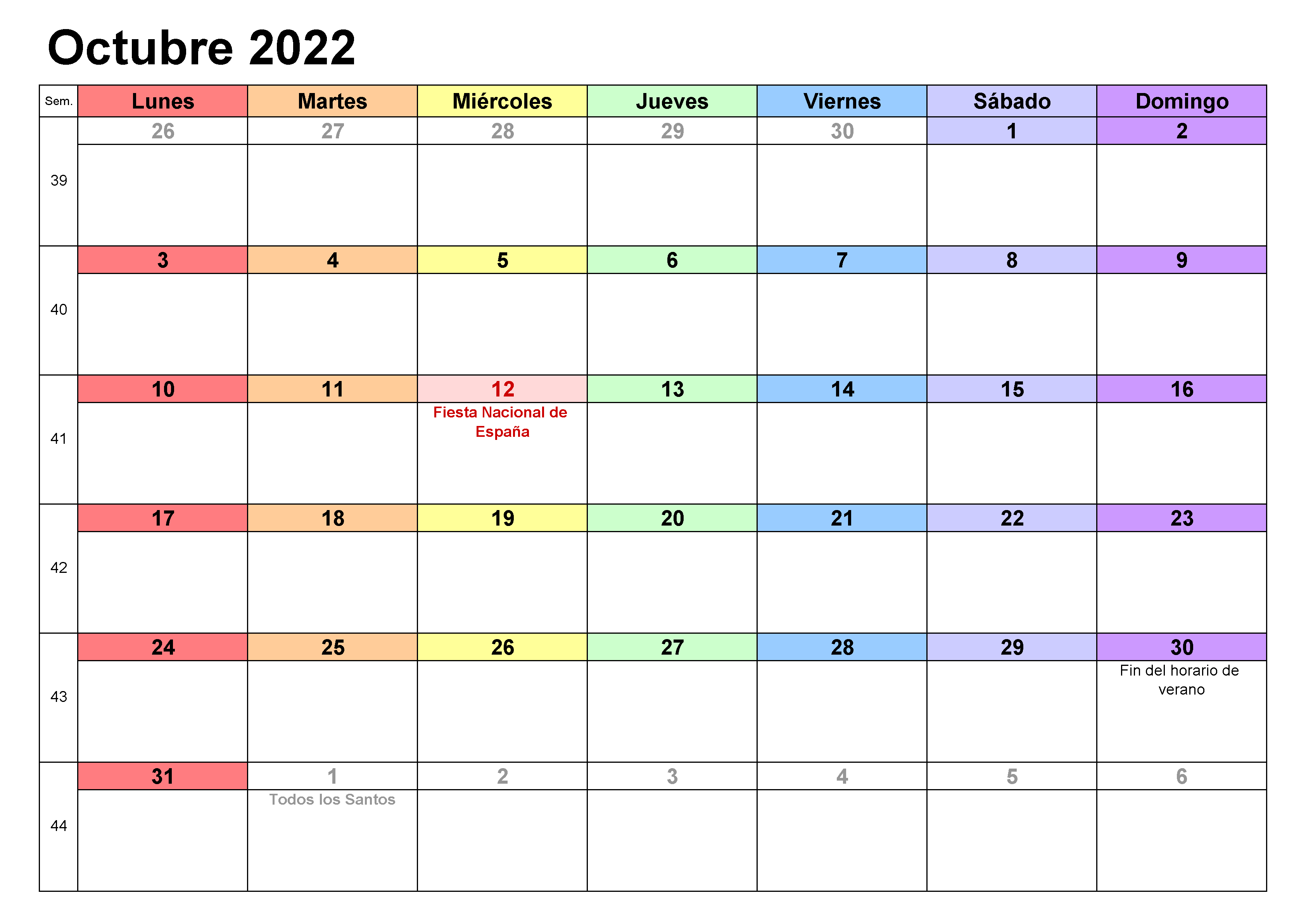 Calendario Octubre 2022 Mensual