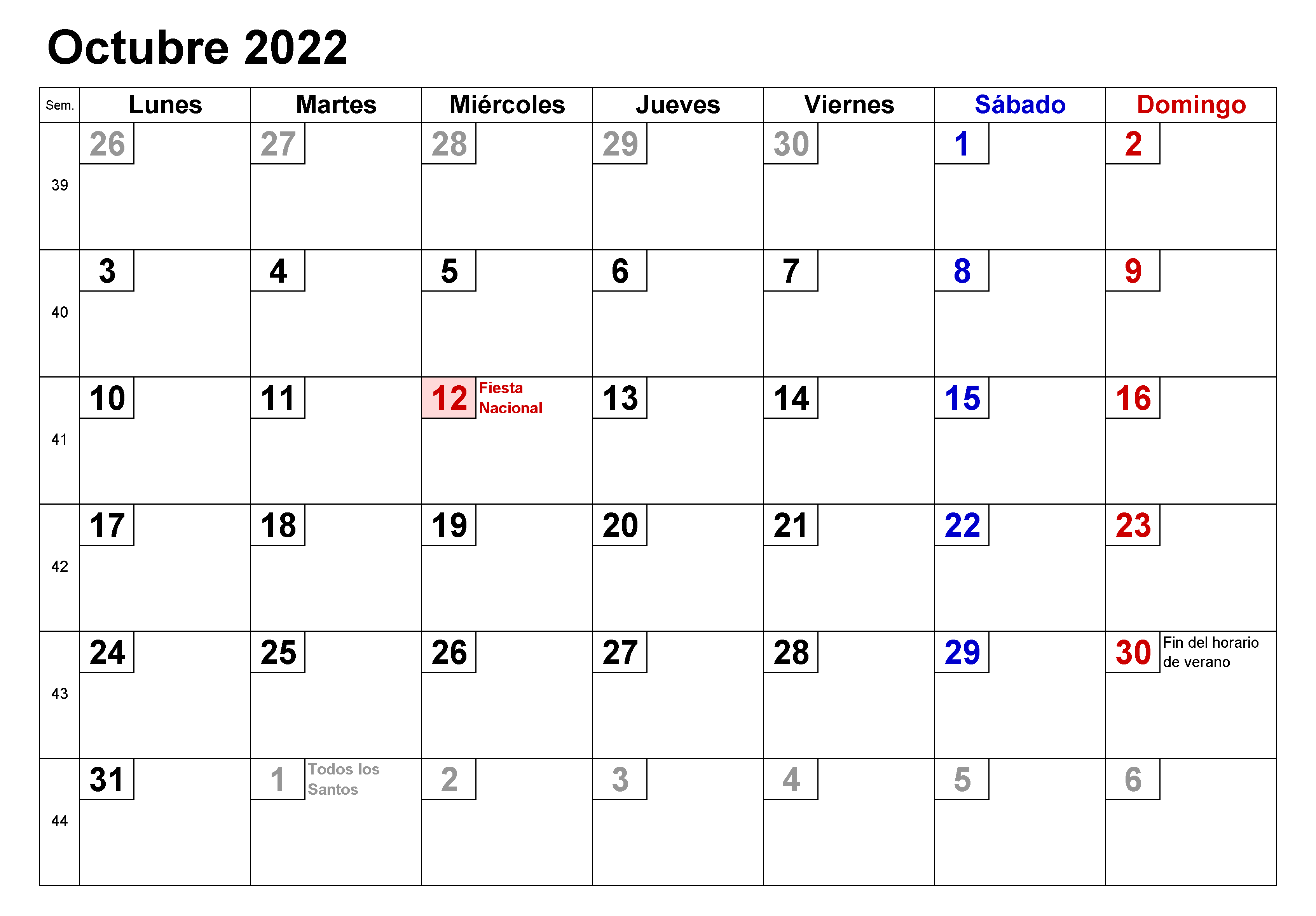 Calendario Octubre 2022 Modelo