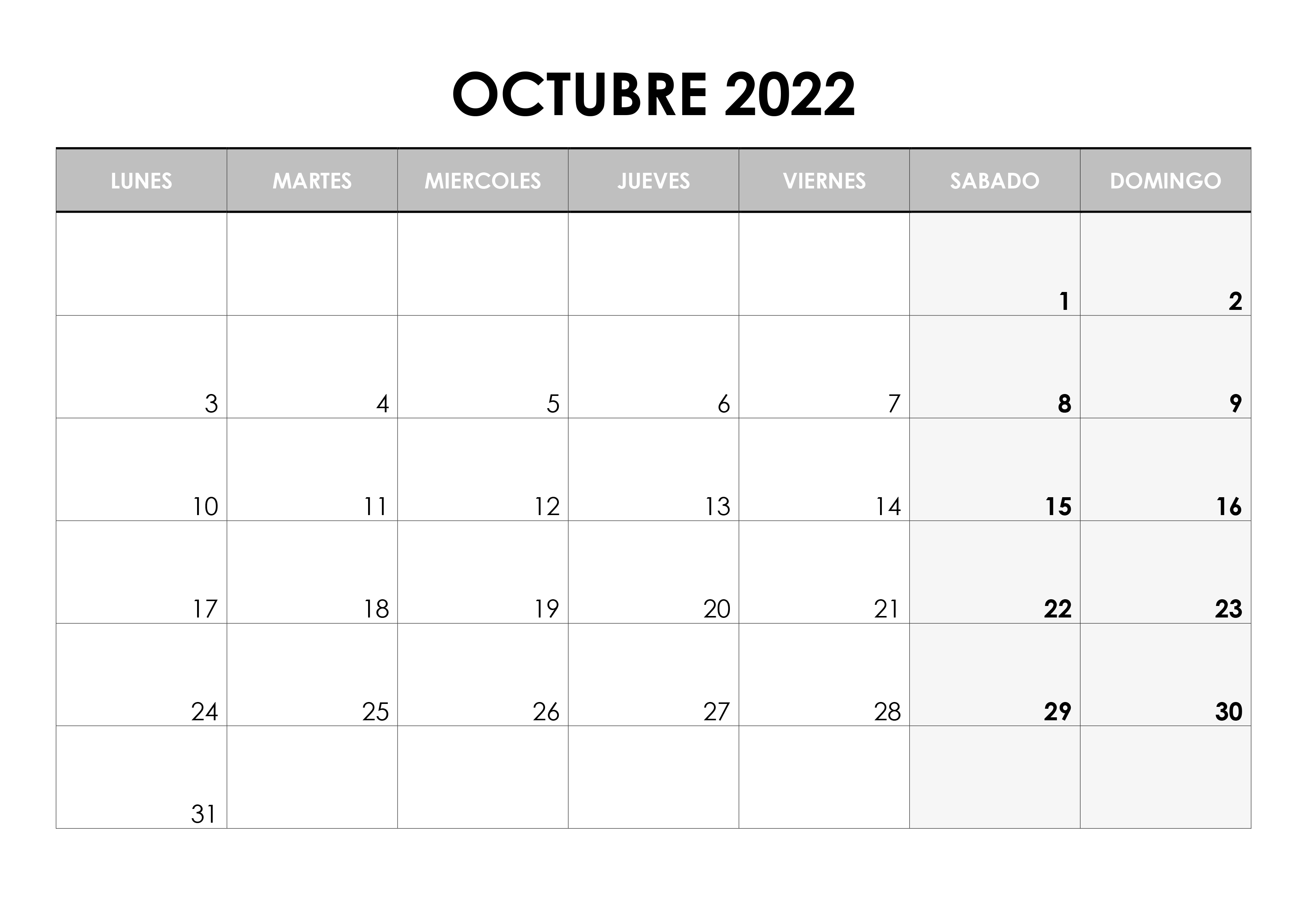 Calendario Octubre 2022 Para Imprimir Mes