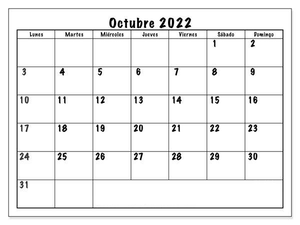 Calendario Octubre 2022 Vacaciones