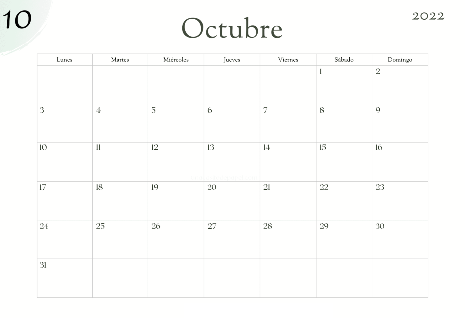 Mensual Calendario Octubre 2022 Con Festivos - Docalendario