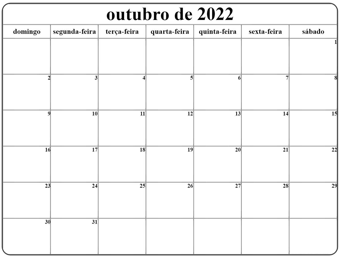 Calendário Outubro 2022 Imprimir Mesa
