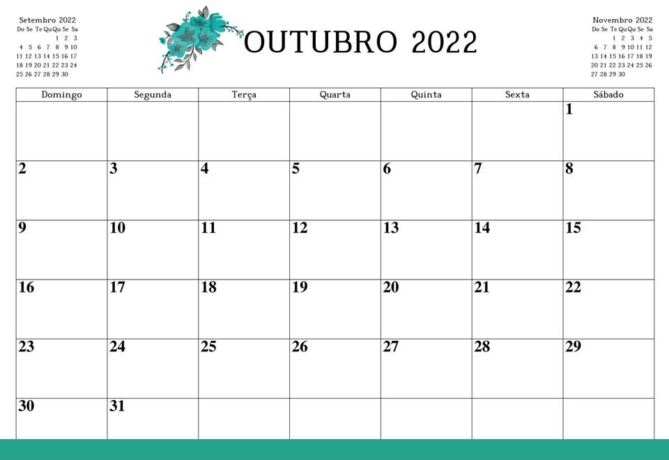 Calendário Outubro 2022 Para Imprimir Mês