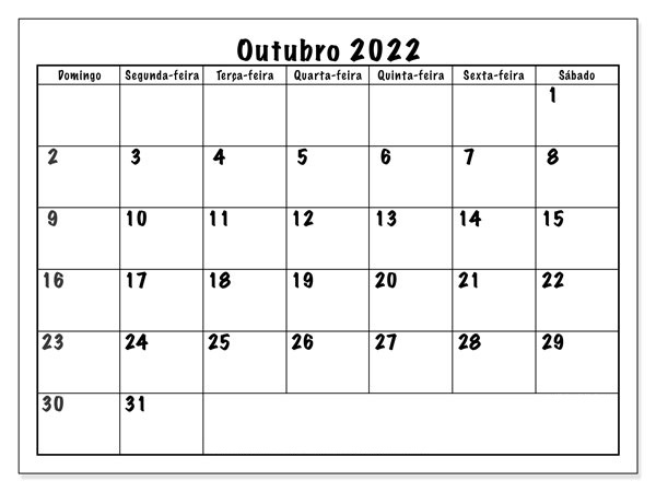 Calendário Outubro 2022 Para Imprimir Notas