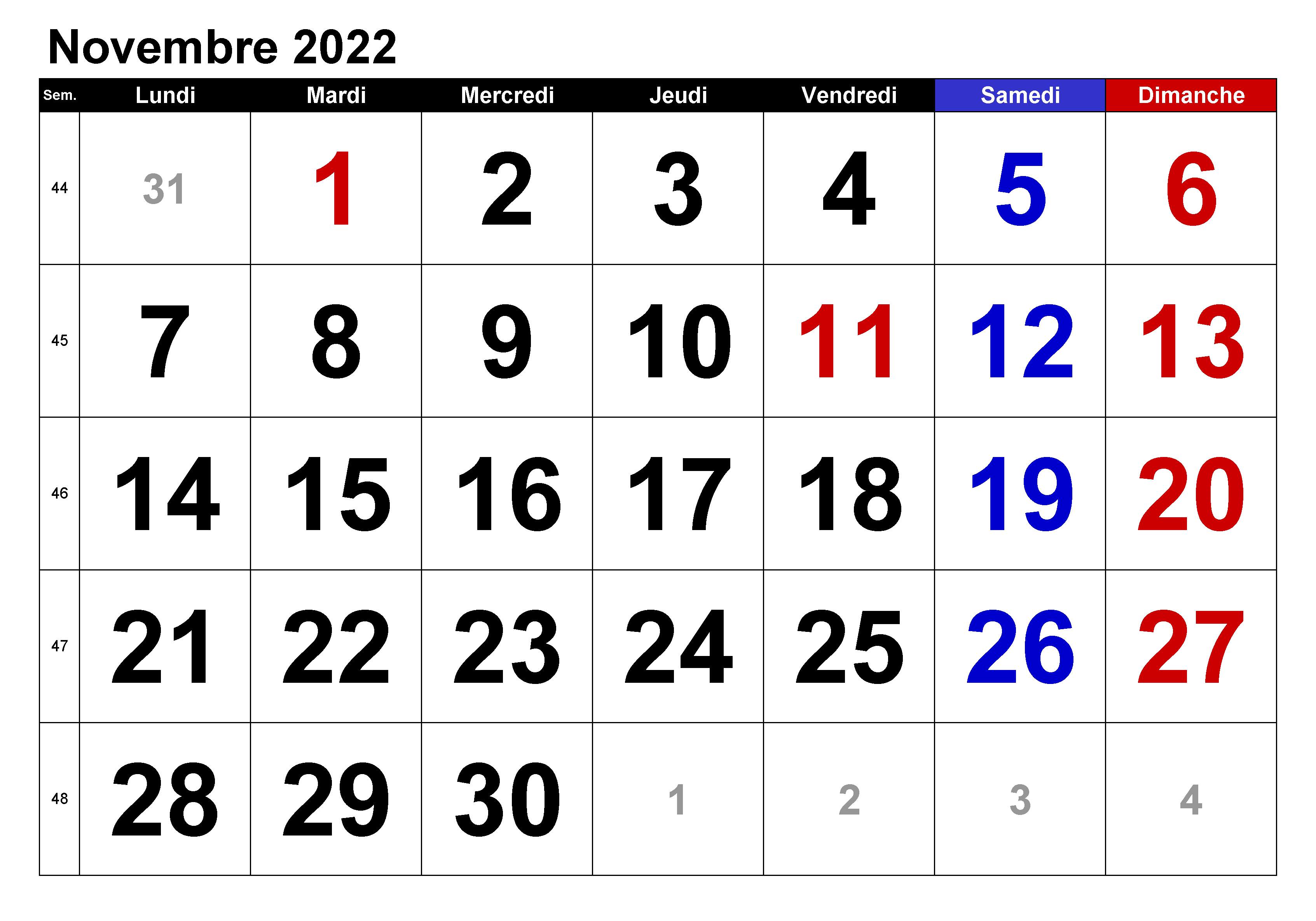 Calendrier 2022 Novembre