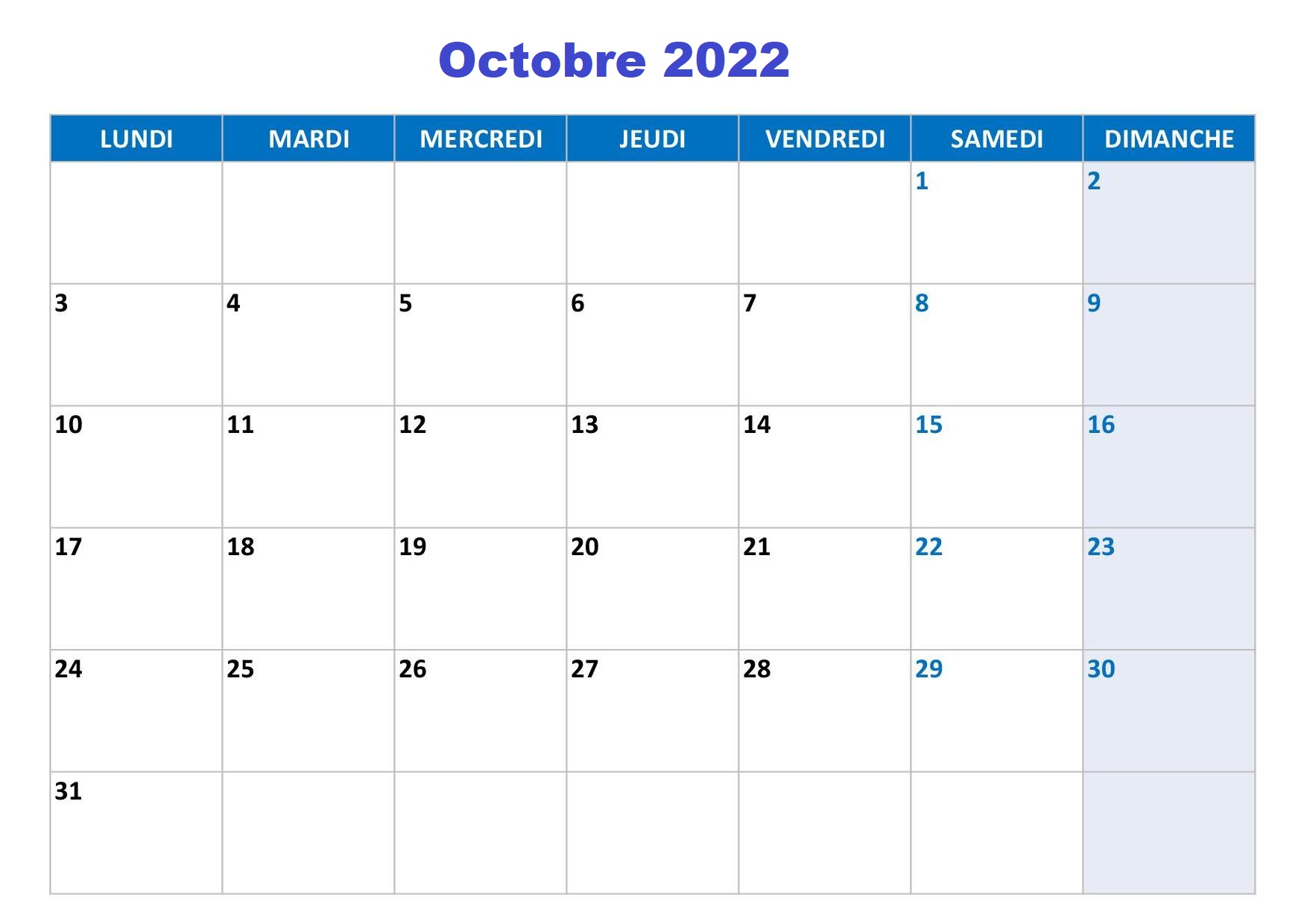 Calendrier 2022 Octobre PDF