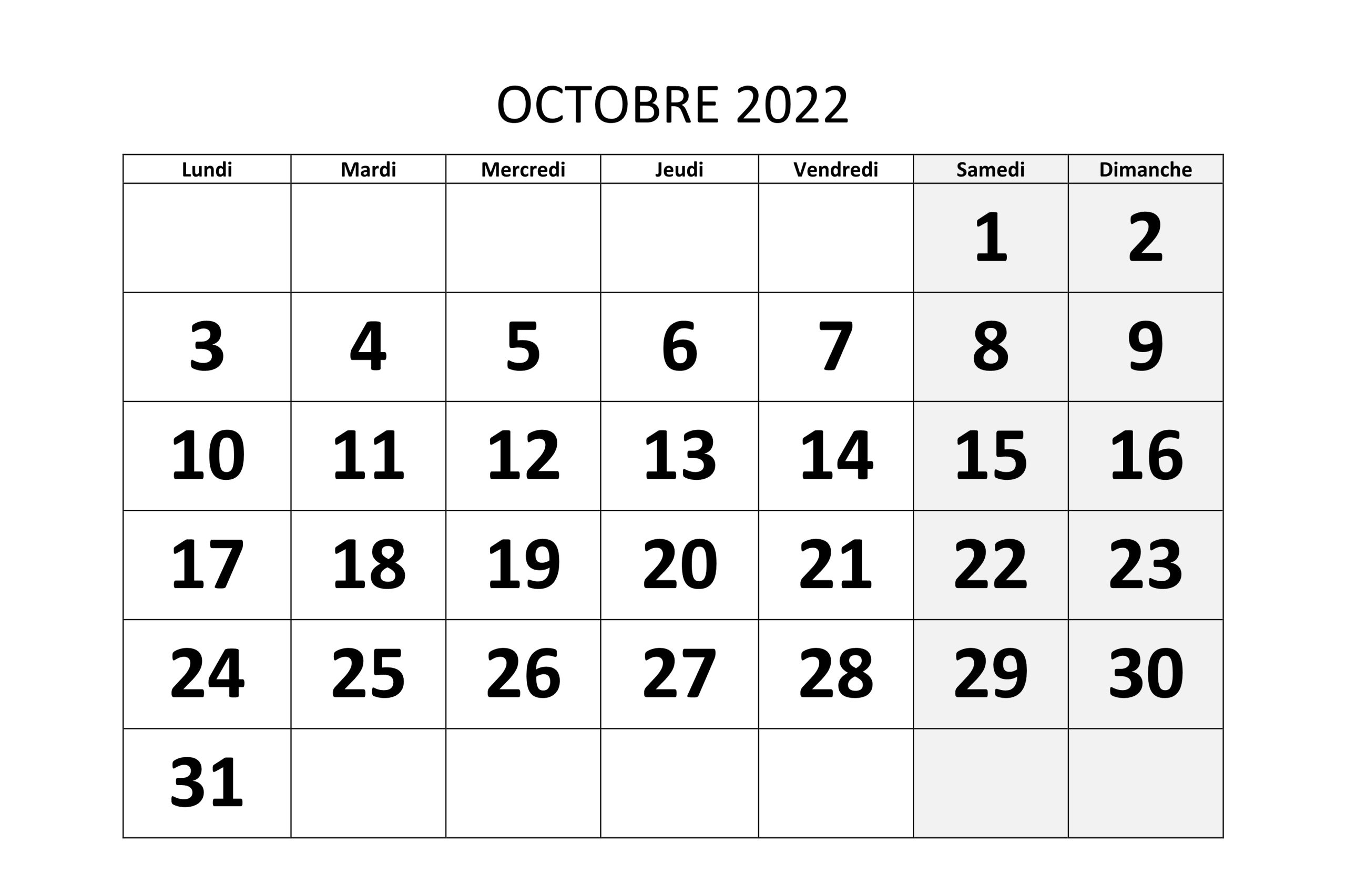 Calendrier 2022 Octobre
