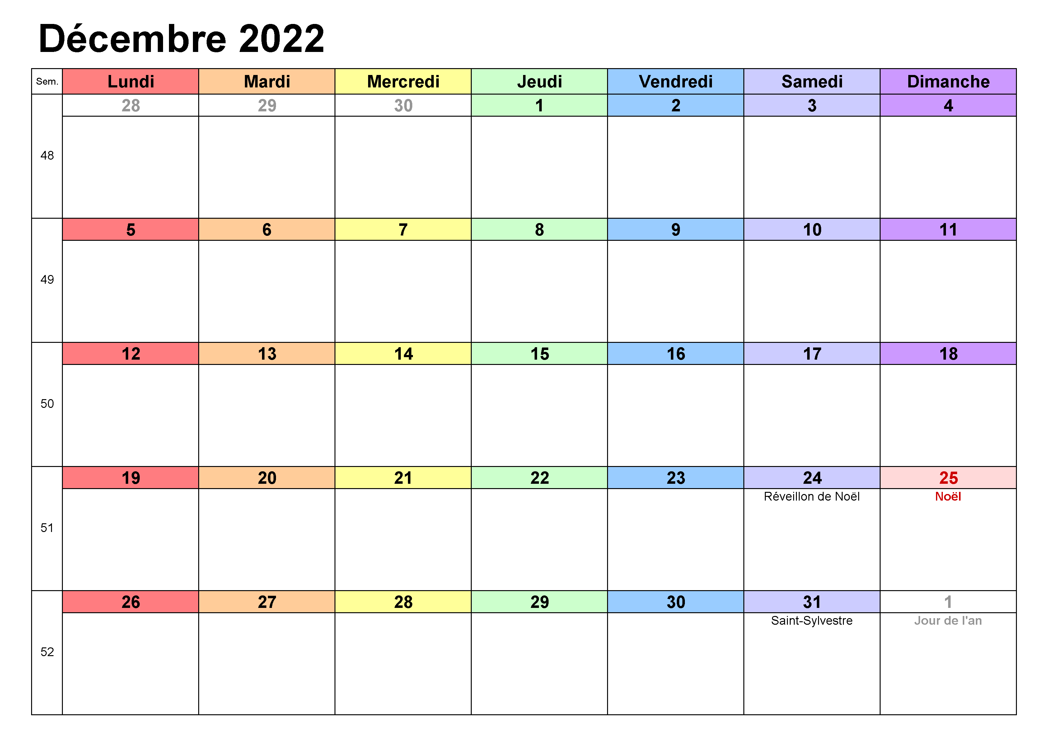 Calendrier Décembre 2022