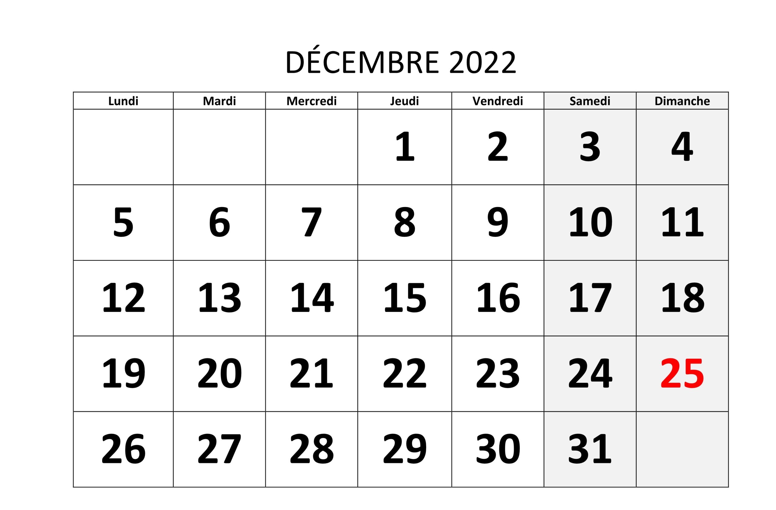 Calendrier Décembre À Imprimer 2022