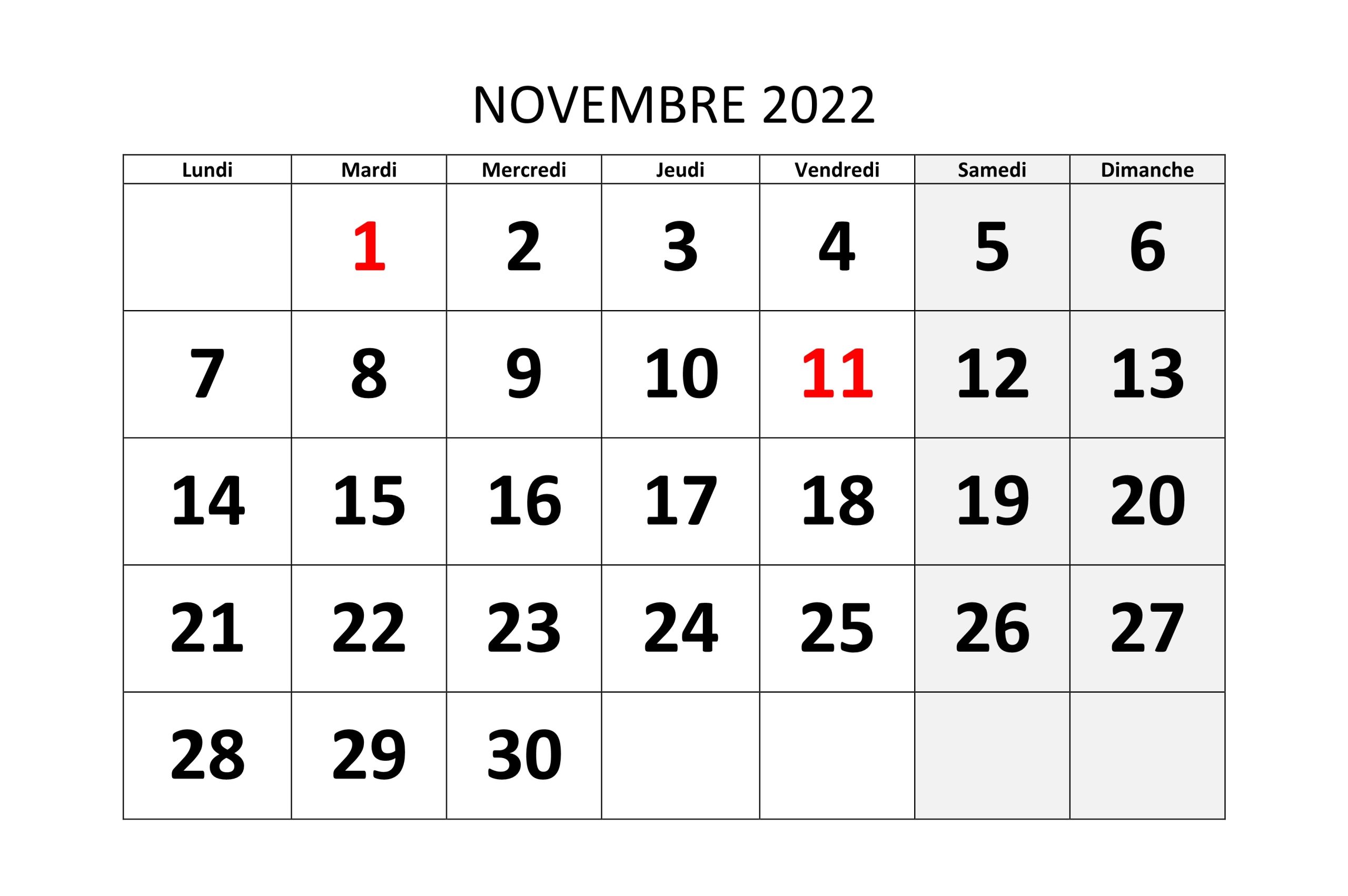 Calendrier Novembre 2022 Éditable