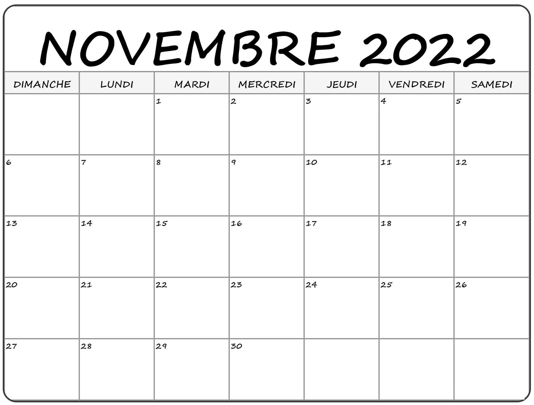 Calendrier Novembre 2022 Imprimable