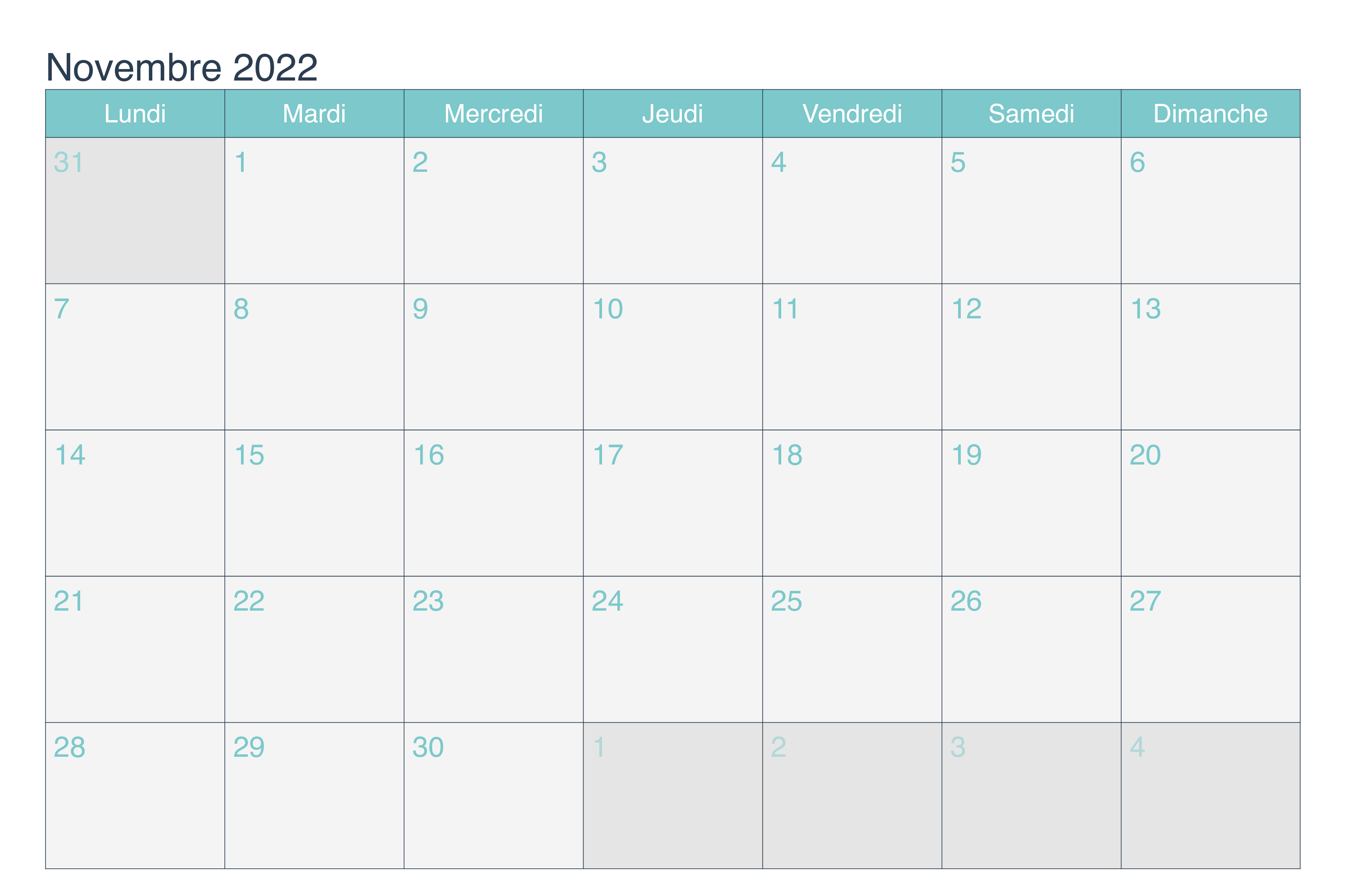 Calendrier Novembre 2022 PDF Vacances