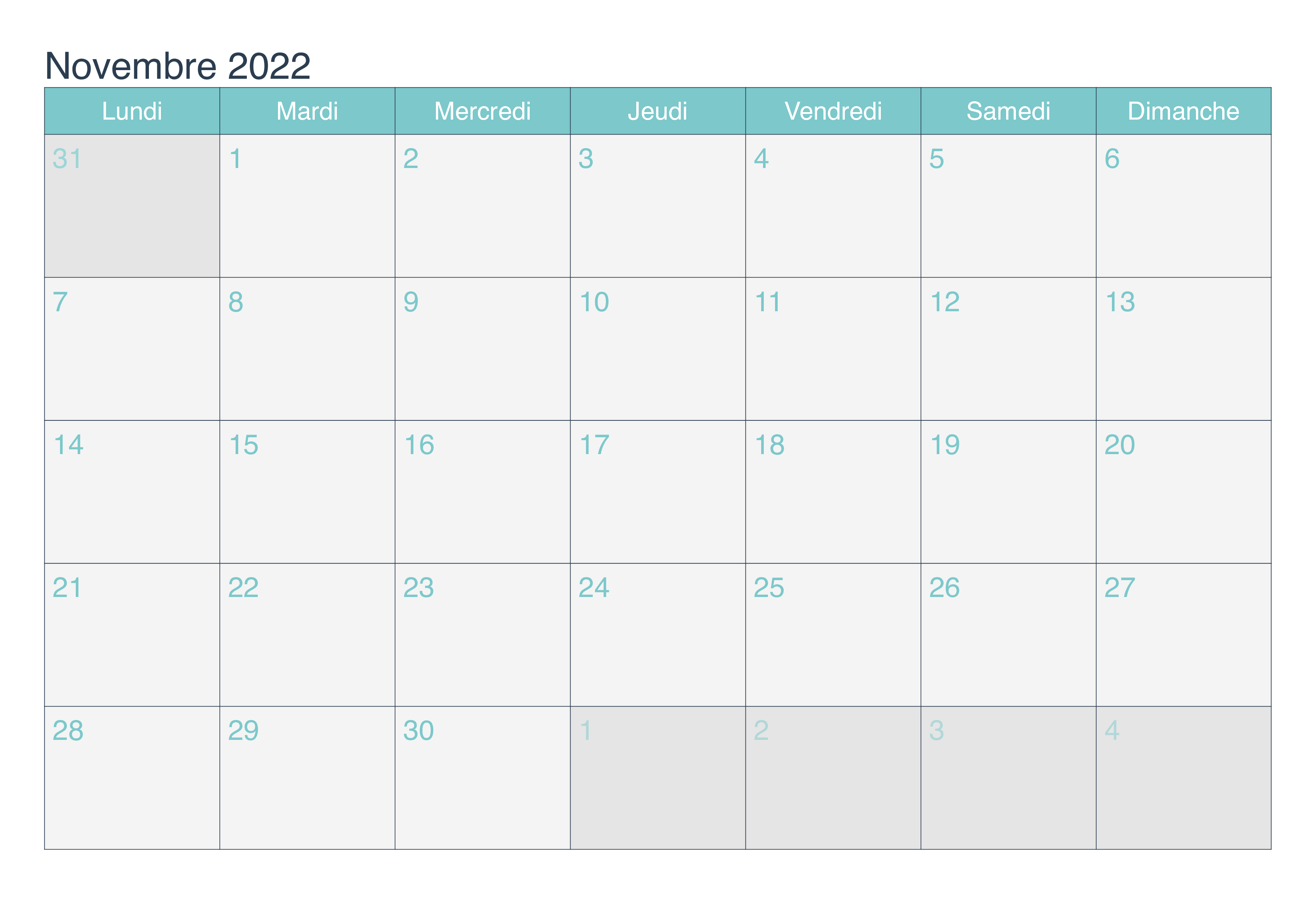 Calendrier Novembre 2022 Planificateur