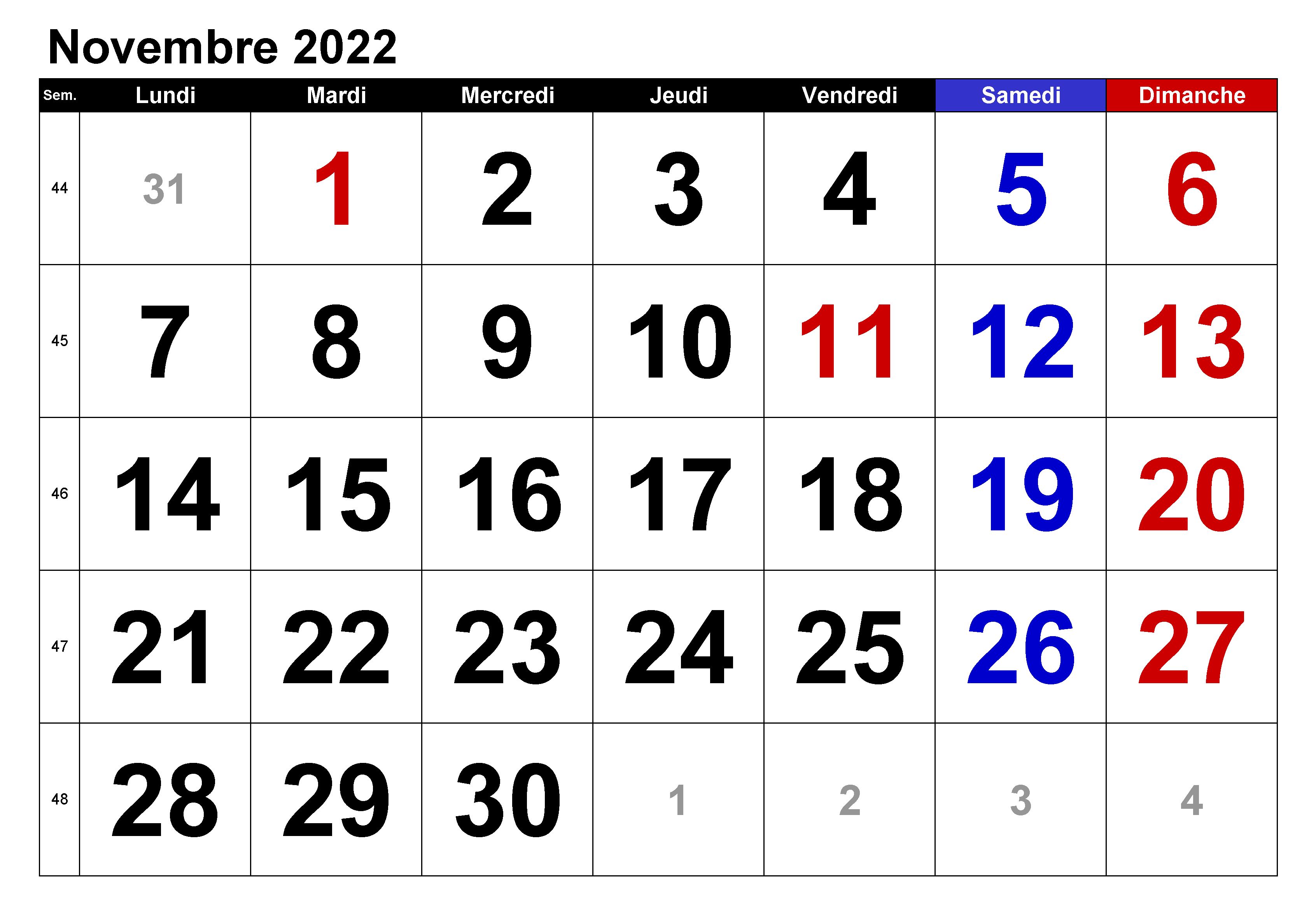 Calendrier Novembre 2022